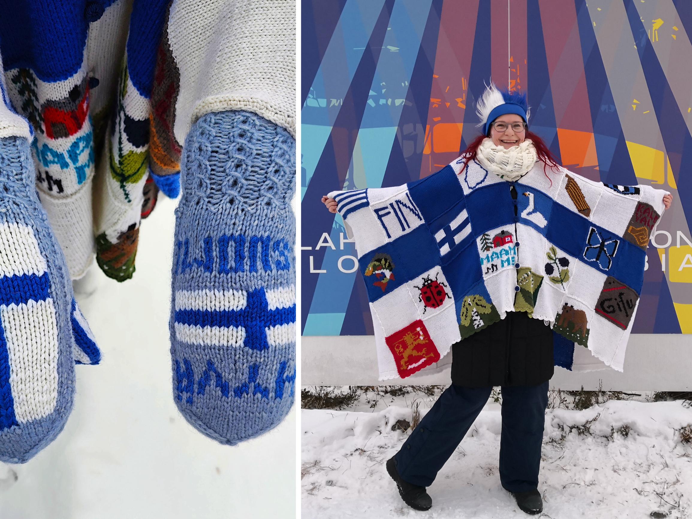 Marjaana neuloi hiihtokatsomoon riemastuttavan viitan, josta voi bongata Suomi-aiheiset kuviot: ”Kiirehän siinä tuli”