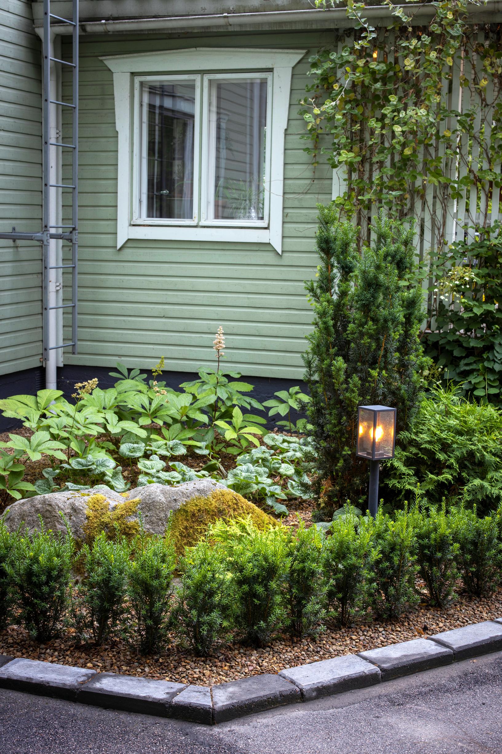 Varjoisa istutusalue rintamamiestalon seinustalla