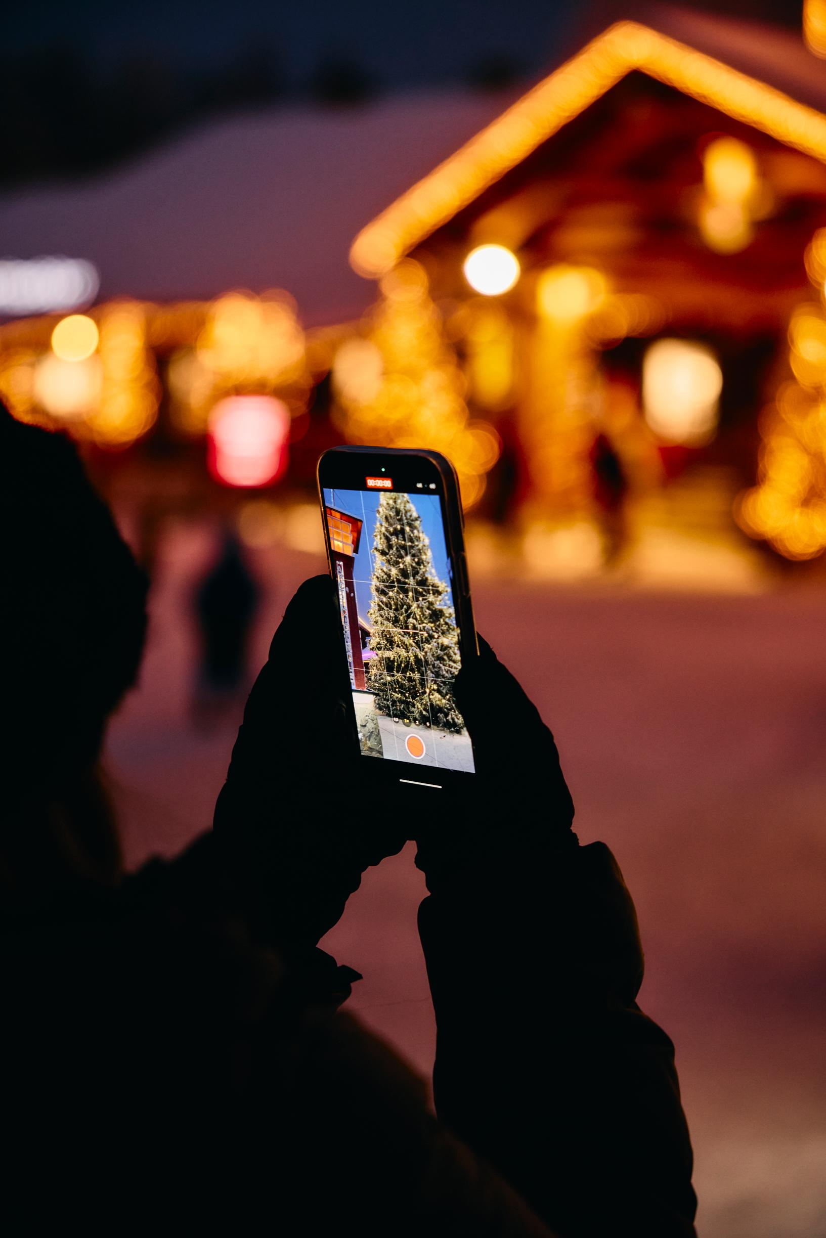 Joulupukin Pajakylä: turisti kuvaa kännykällä joulukuusta