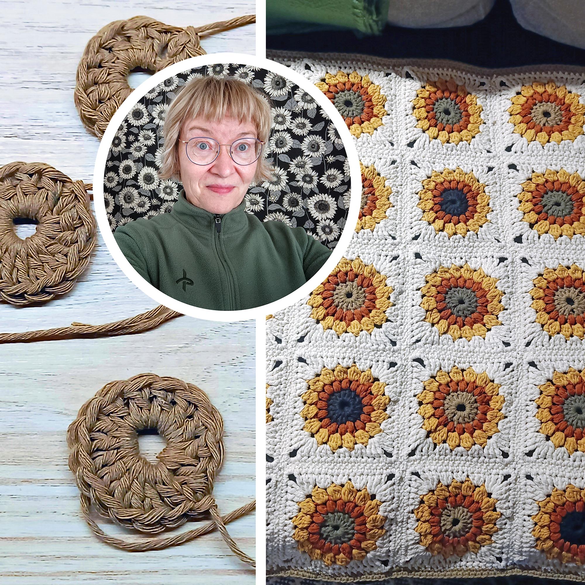 Sari innostui auringonkukkaneliöistä ja pian valmistui peitto työkaverin vauvalle! ”Kolahti heti”