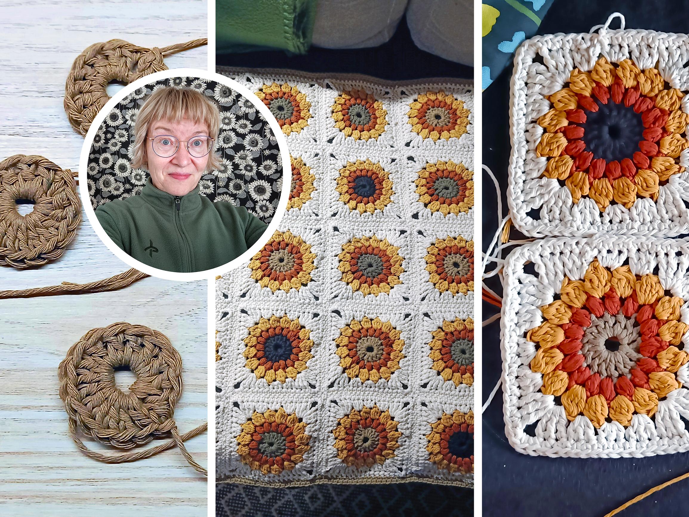 Sari innostui auringonkukkaneliöistä ja pian valmistui peitto työkaverin vauvalle! ”Kolahti heti”