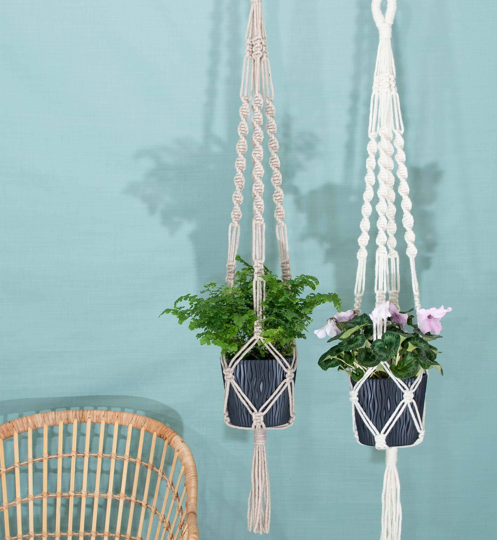 Makrameeamppeli – solmi tukeva amppeli, joka sopii erikokoisille kasveille