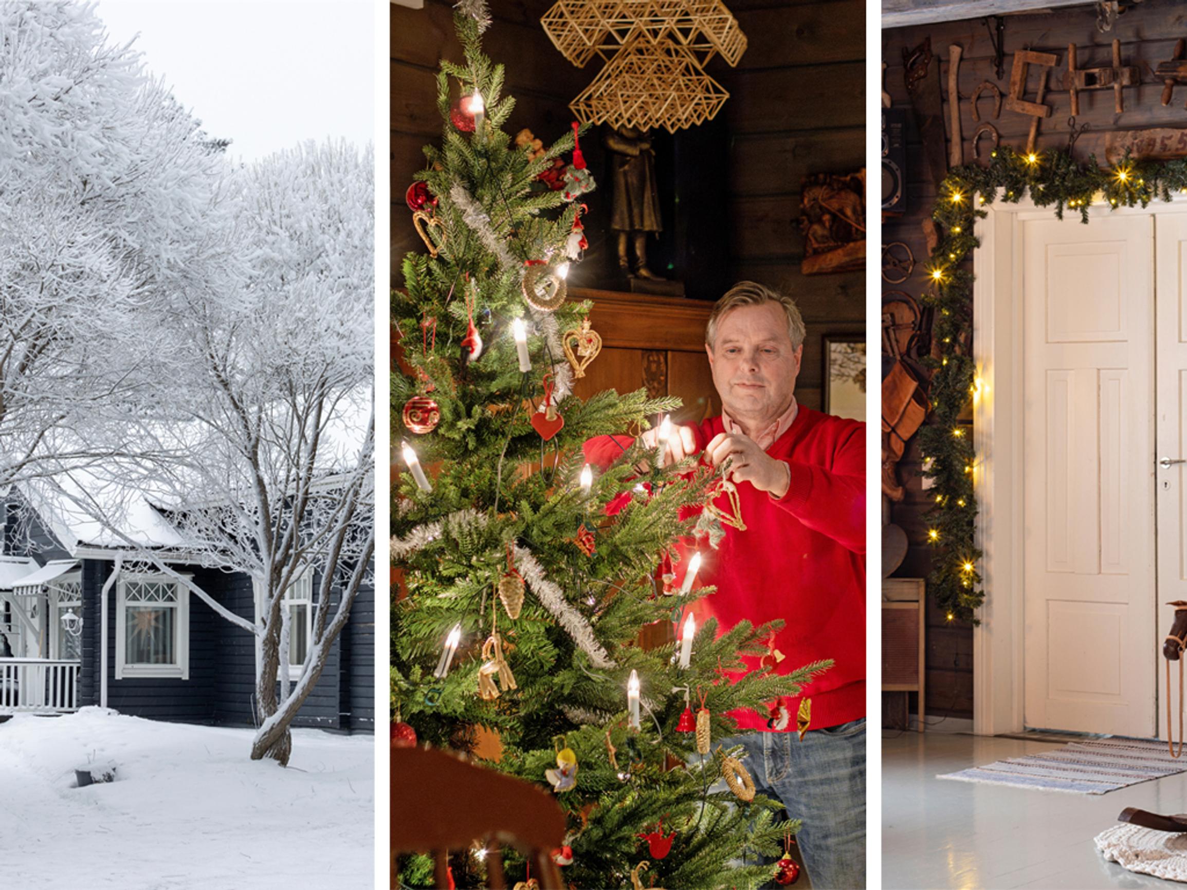 Täällä tuntuu oikealta joululta! Juhan hirsihuvilan pihapiirissä kohoaa tonttujen talo ja savusauna tuoksuu järvenrannalla