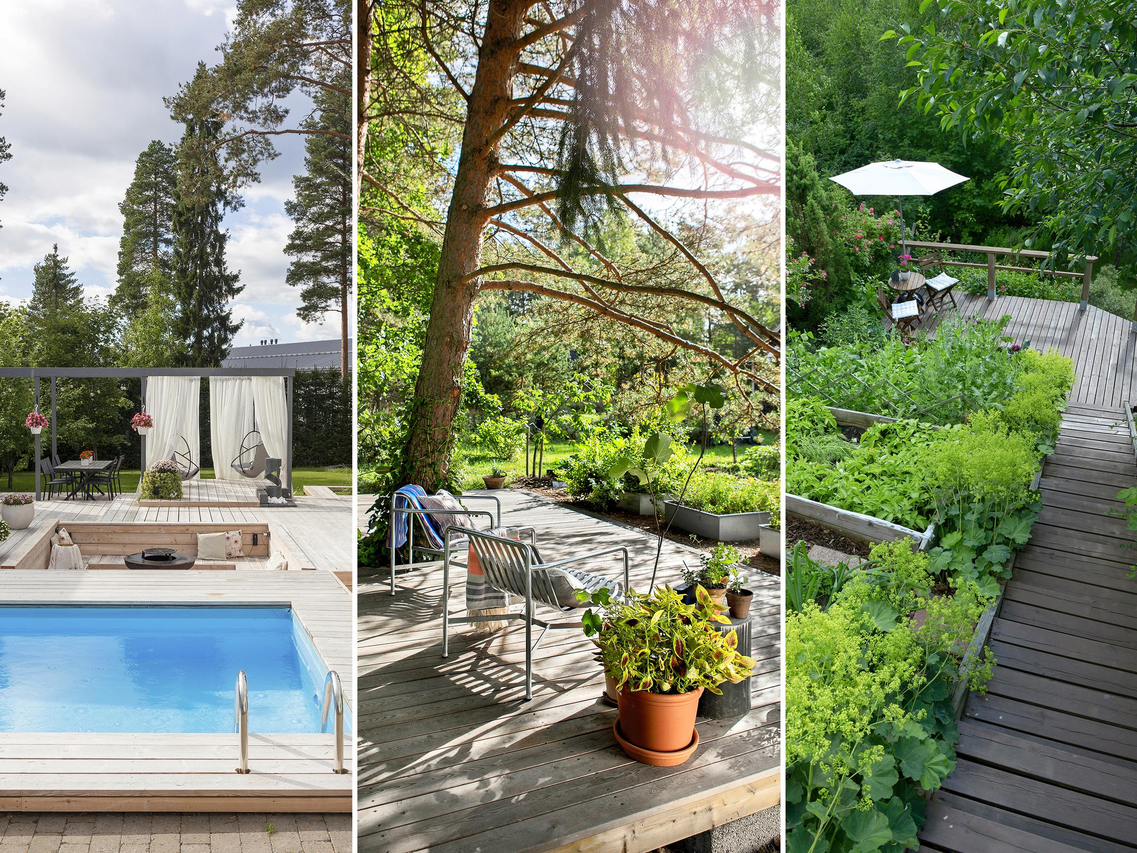 Jättiterassi monine huoneineen ja tunnelmallinen tasanne lammen äärellä – seitsemän terassia, joissa on jujua