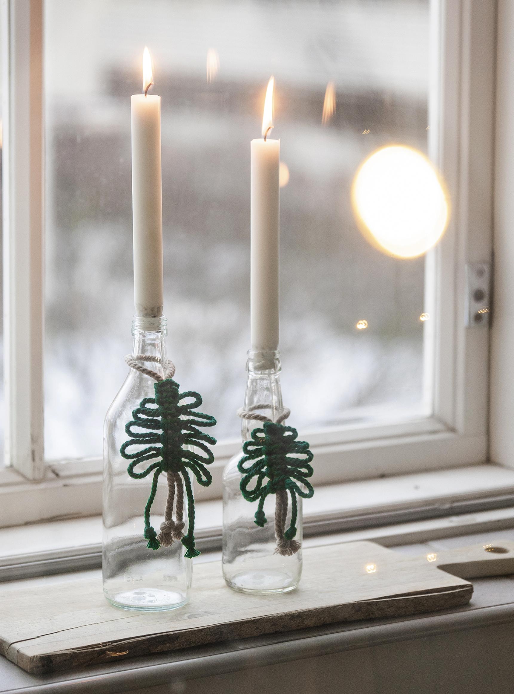 Makrameekuusi pullon koristeeksi