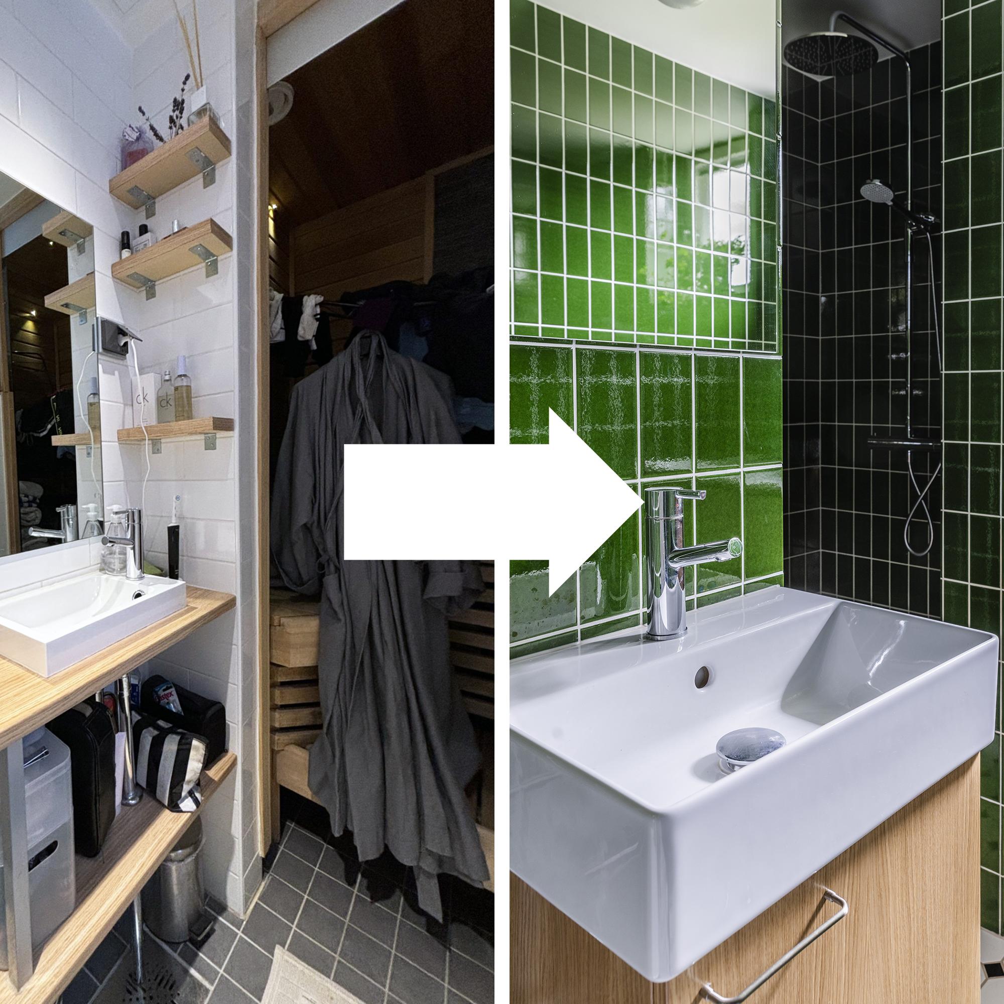 Uskaltaisitko tehdä saman väritempun? Lähes kokovihreäksi remontoitu kylppäri on viiden neliön tilaihme