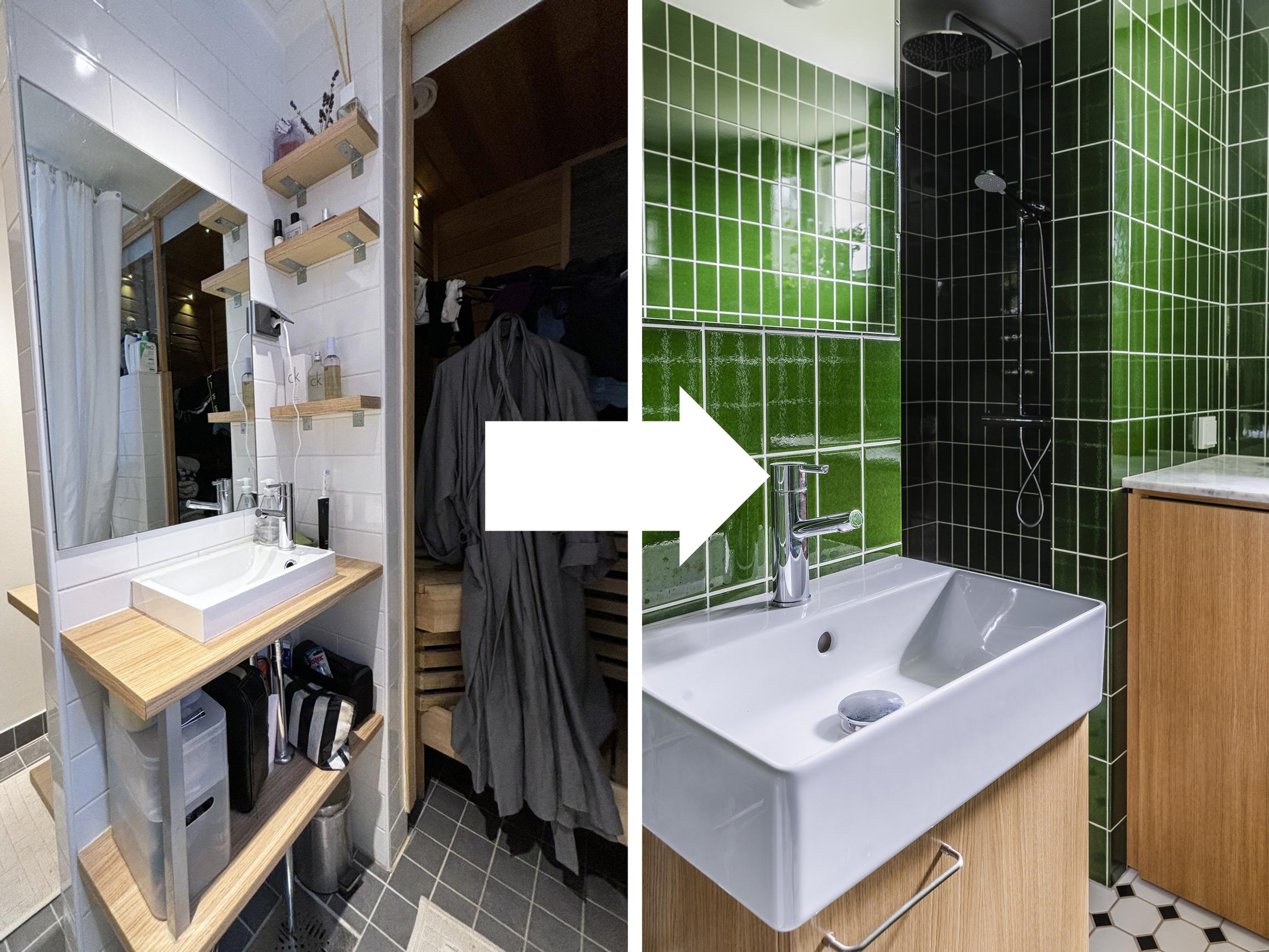 Uskaltaisitko tehdä saman väritempun? Lähes kokovihreäksi remontoitu kylppäri on viiden neliön tilaihme