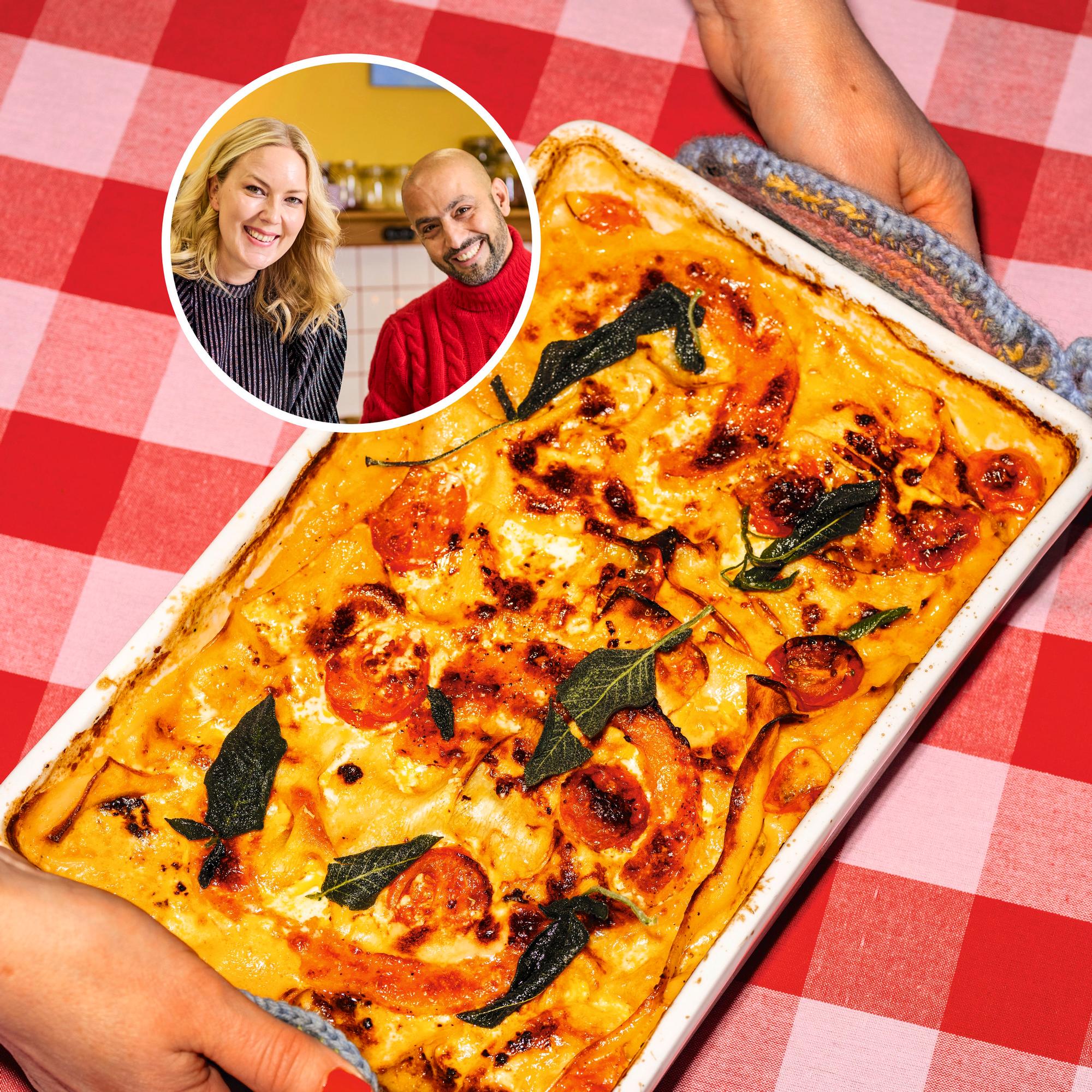 Imanin ja Leenan helppo kasvislasagne – ihana myskikurpitsalasagne syntyy ilman kastikkeiden keittämistä