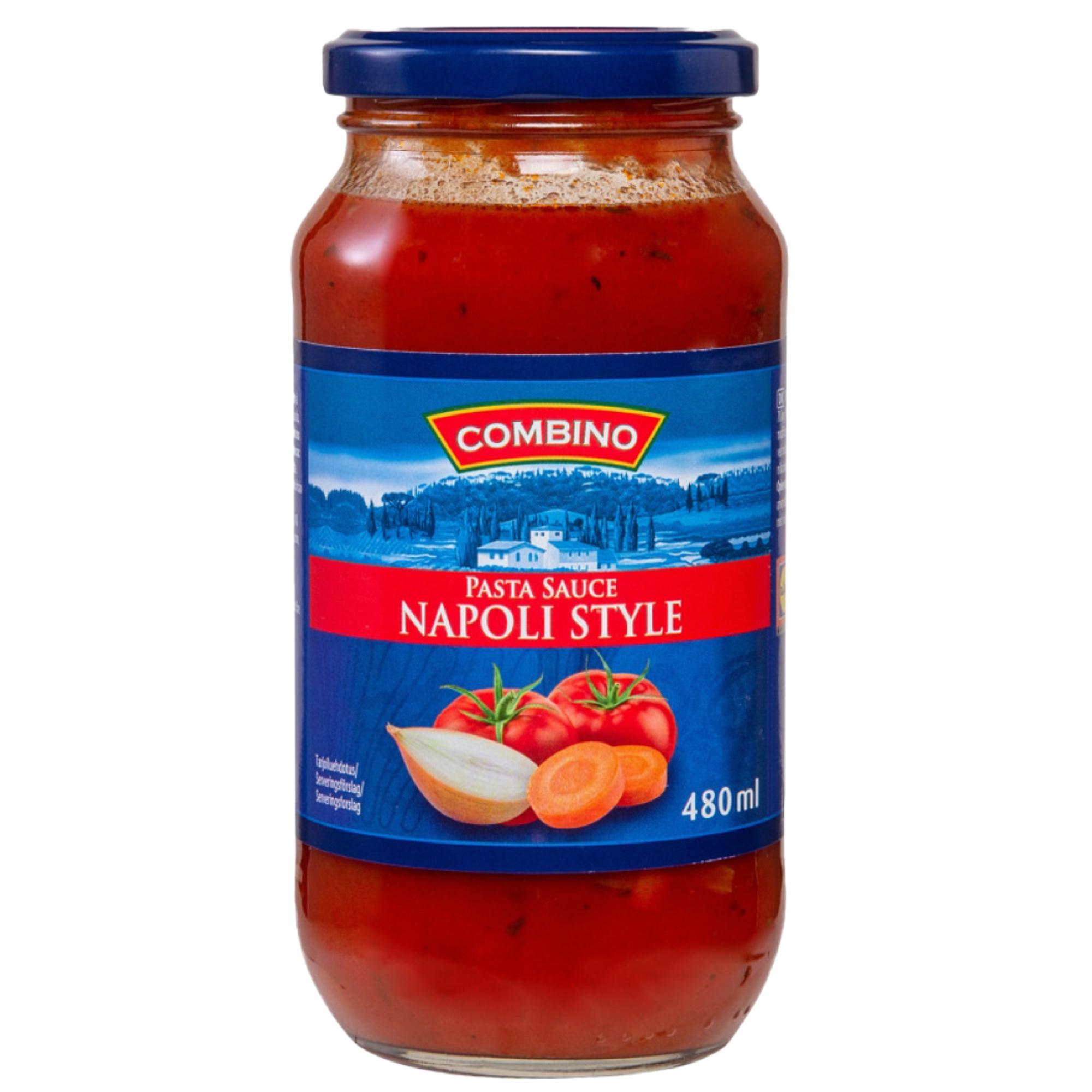 Combino Napoli Style (Lidl) 480 ml, 3,78 €/kg, sokereita 5,3 g/100 g, suolaa 0,97g/100g.
