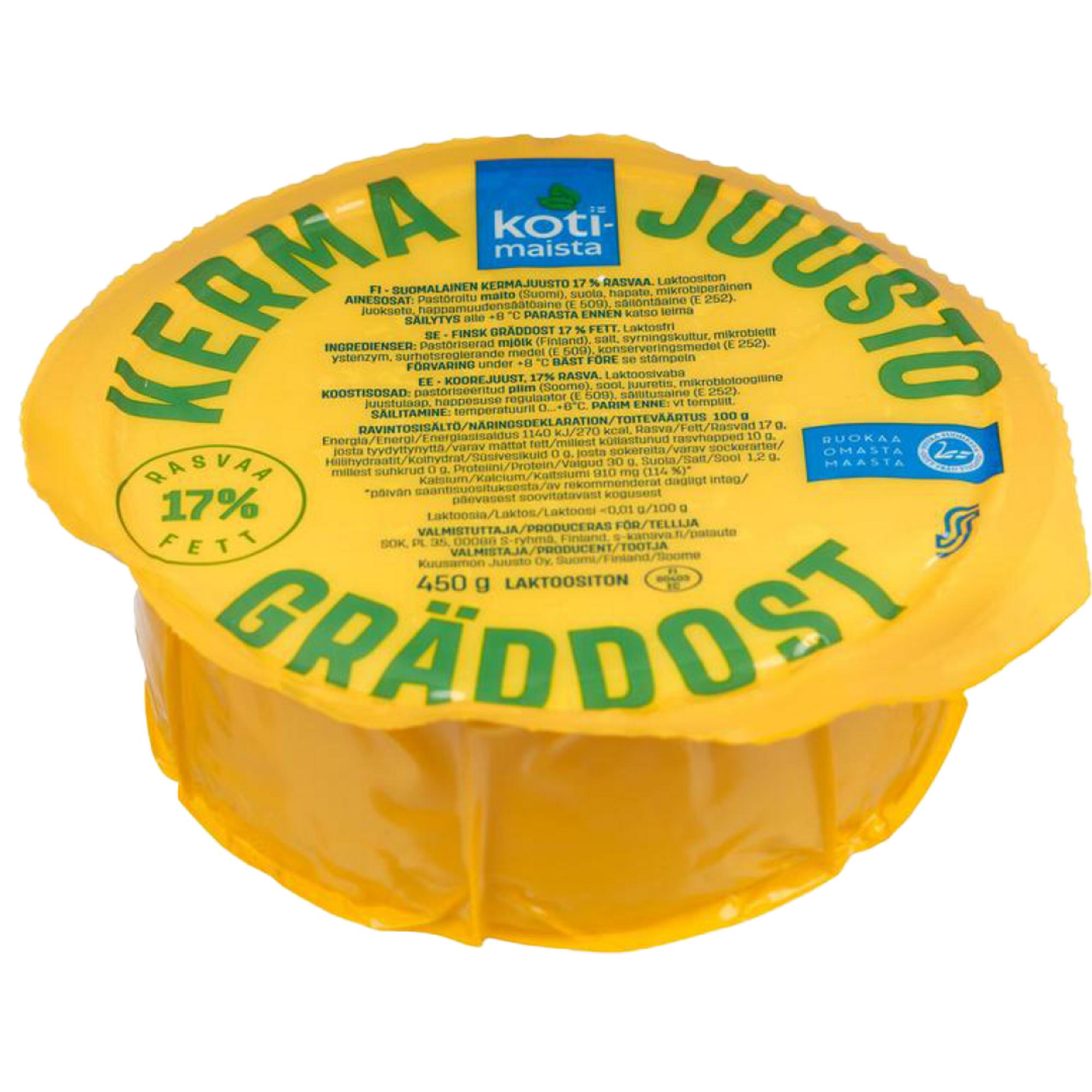 Kotimaista kermajuusto 17 % 4,49 €/450 g.