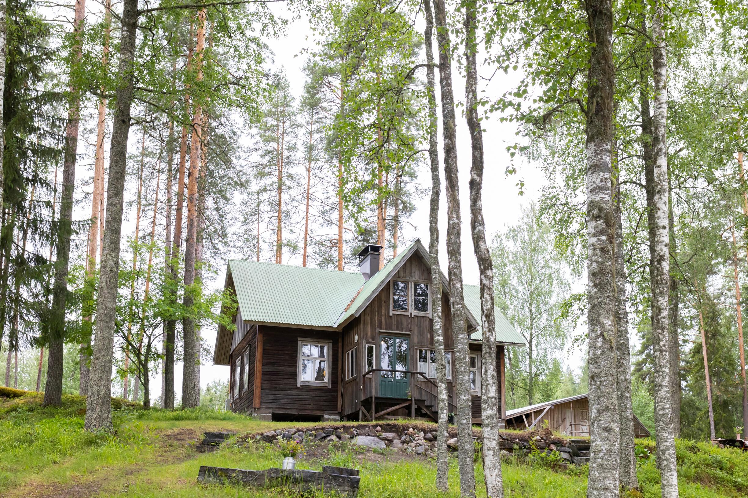 mäen päällä vanha hirsimökki, taustalla metsää