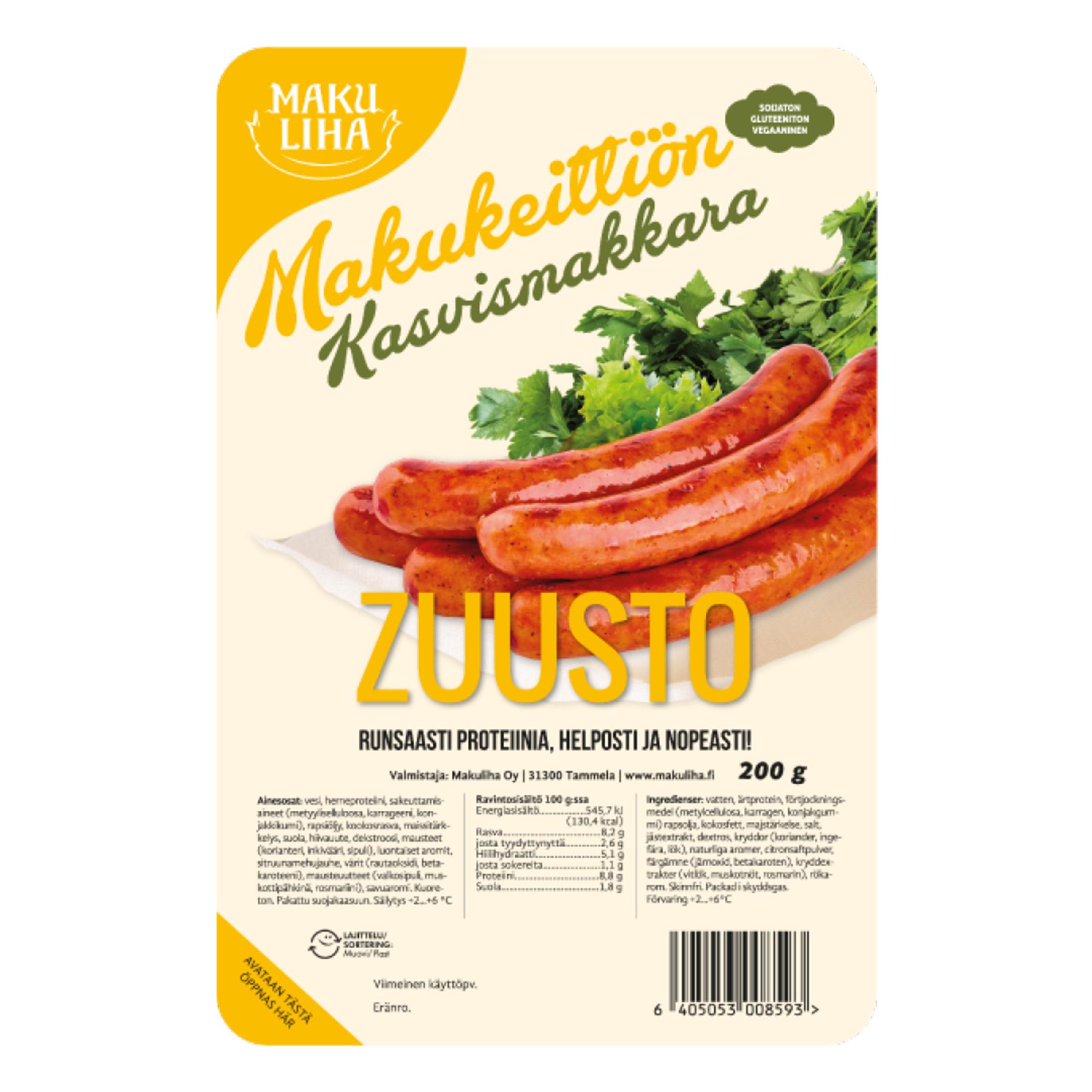 Makuliha Makukeittiön kasvismakkara Zuusto, 3,49 € / 200 g