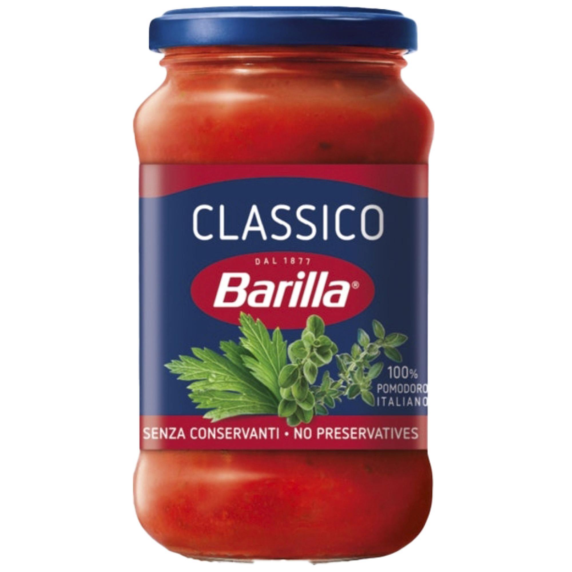 Barilla Classico pastakastike, 400 g, 5,98 €/kg, sokereita 5 g/100 g, suolaa 1 g/100 g.
