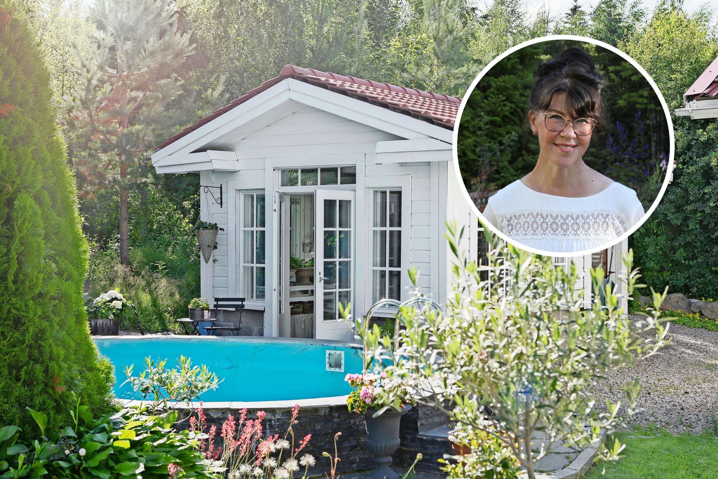 Katriinan viherhuoneella on monta virkaa: kesäisin se on uimakoppi, toisinaan työhuone ja talvisin kasvien suojapaikka!