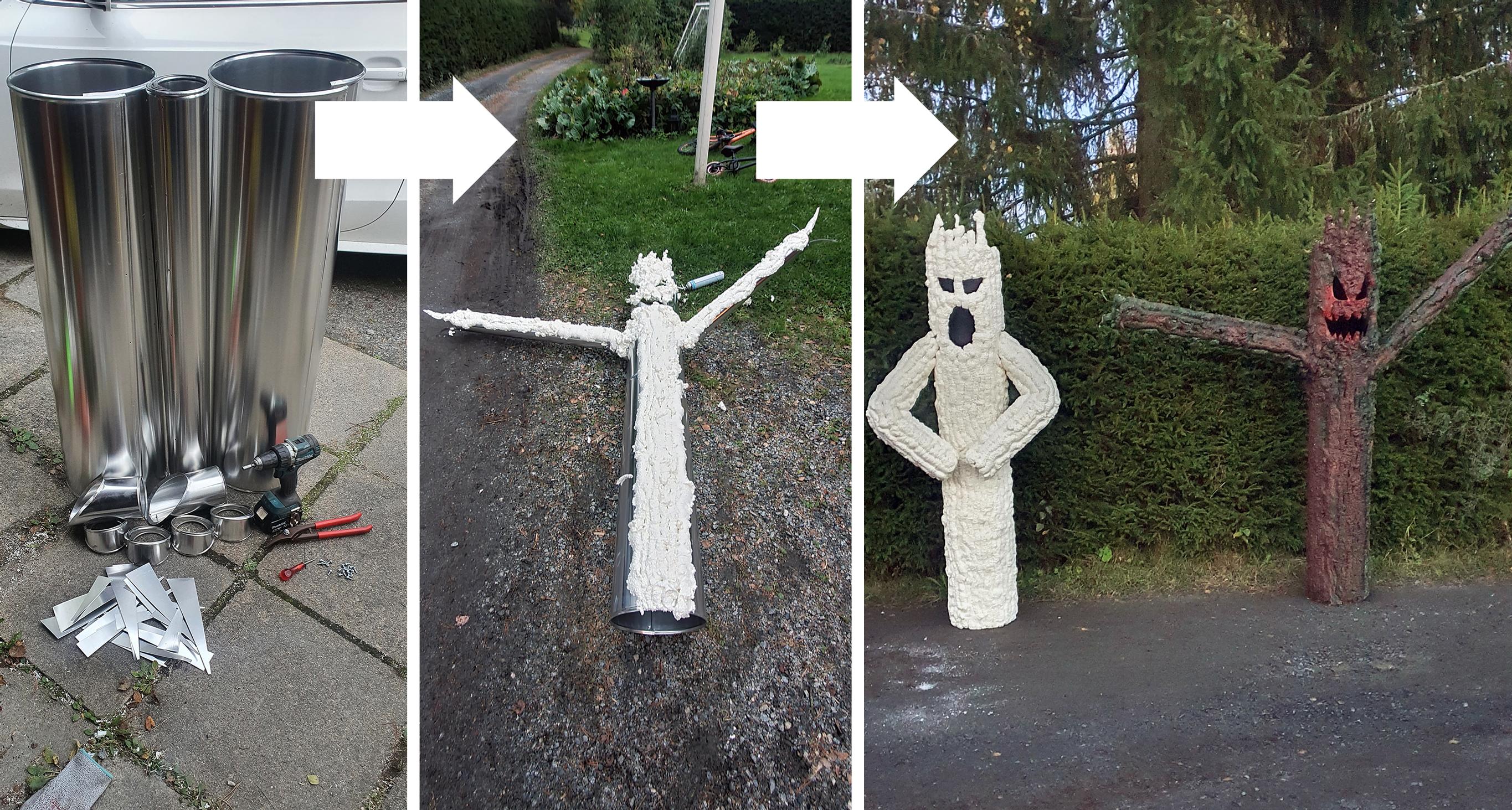 Hurjan näköiset pihapuut on rakennettu peltiputkista. Pinta on uretaanivaahtoa ja maalia.