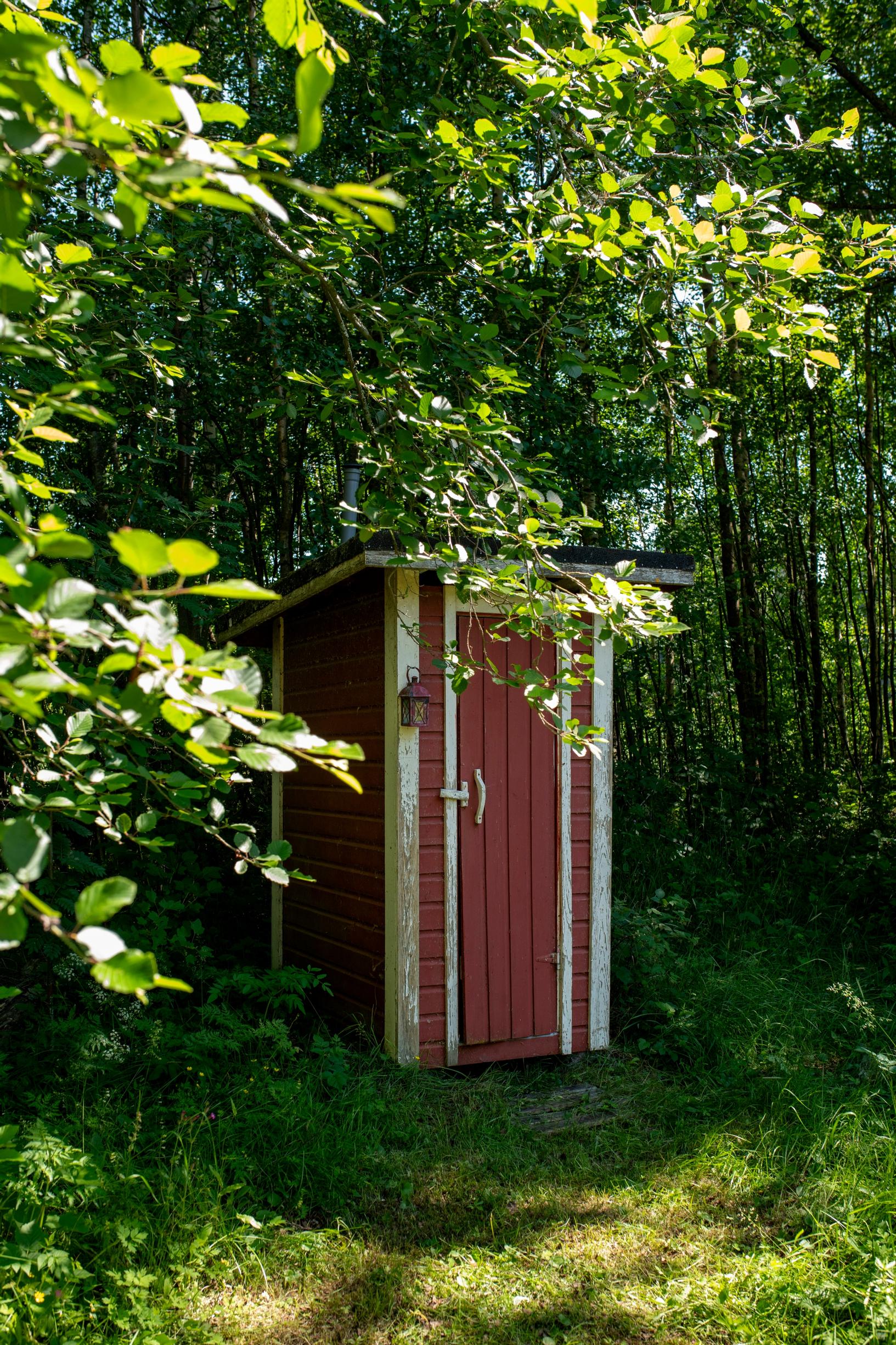 punavalkoinen huussi metsänreunassa