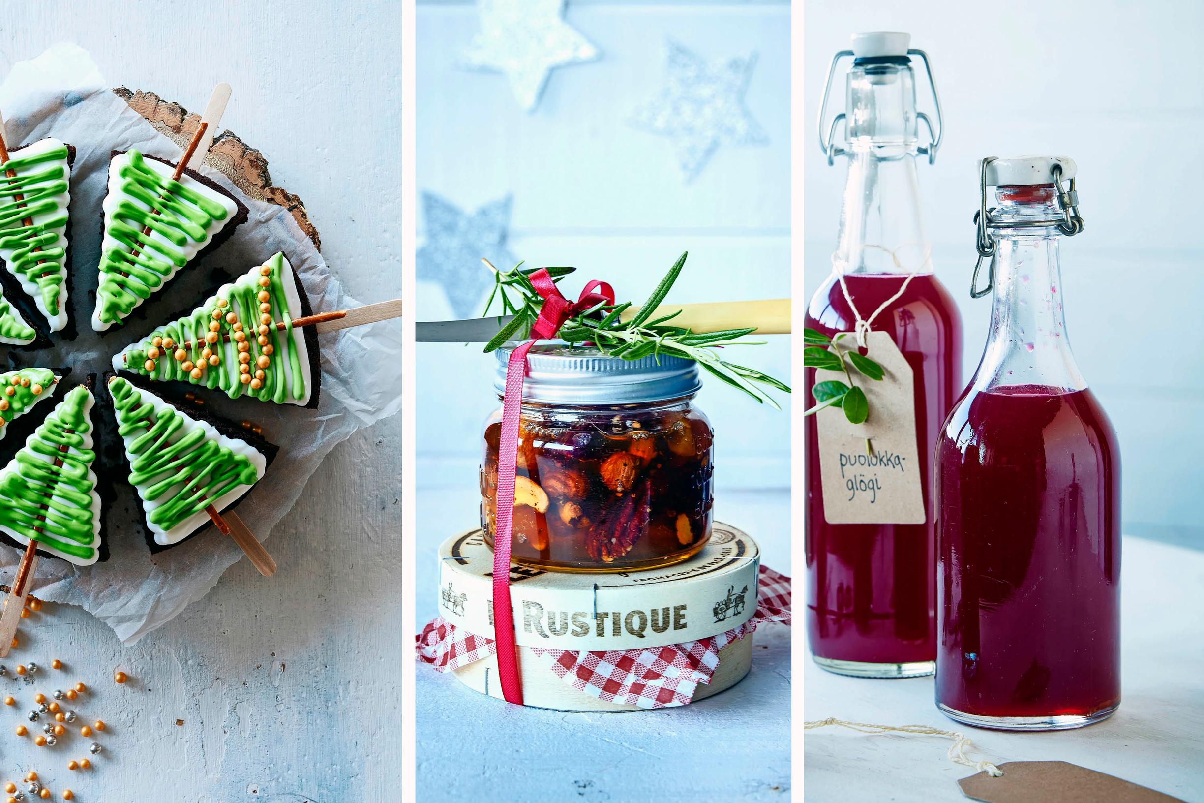 Joulun ruokalahjaideoita: kuusitikkarit, hunajapähkinät ja puolukkaglögi.