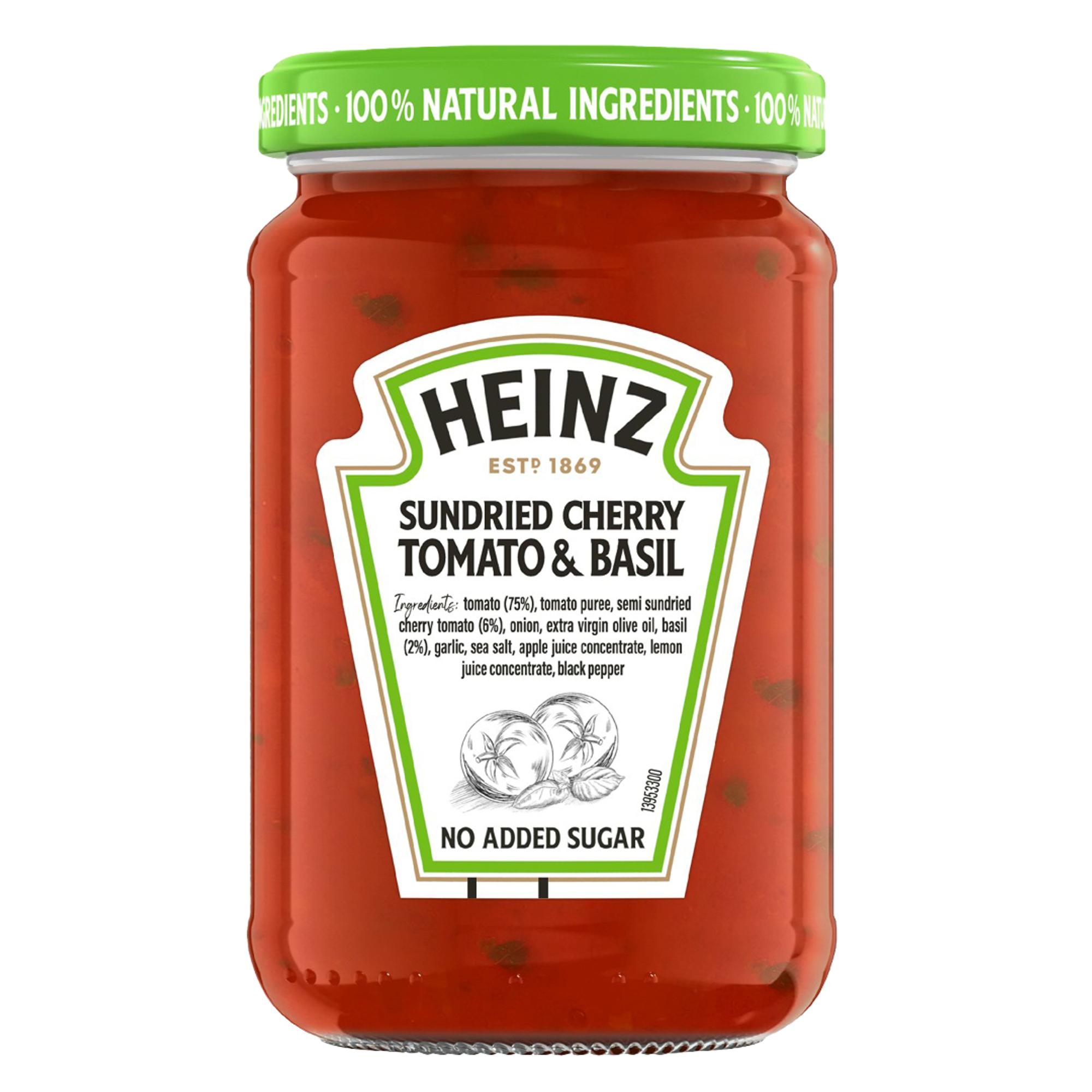 Heinz kirsikkatomaatti & basilika 350ml, 10,43 €/kg, sokereita 4,3 g/100 g, suolaa 0,72 g/100 g.