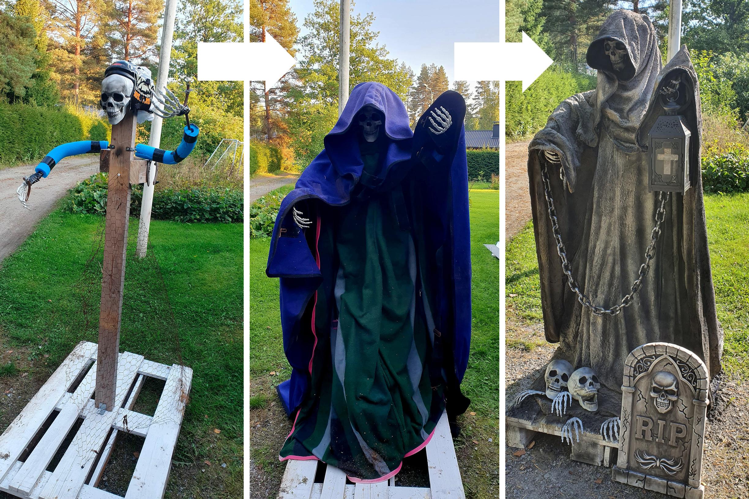 Työvaihekuvat viikatemies-patsaan valmistamisesta.