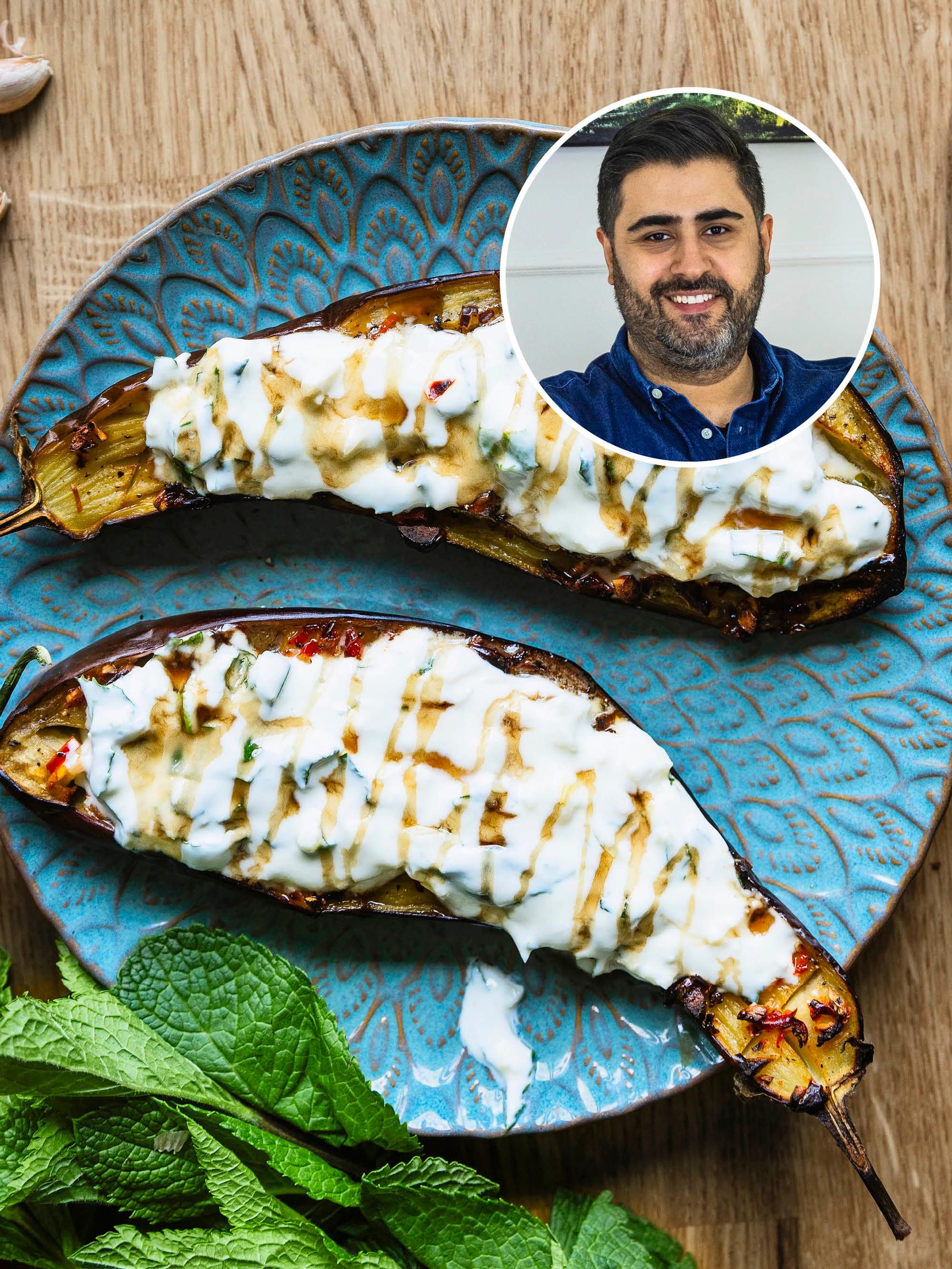 Siva Parlarin munakoisolautanen – paahdetut munakoisot saavat raikkautta minttujogurtista