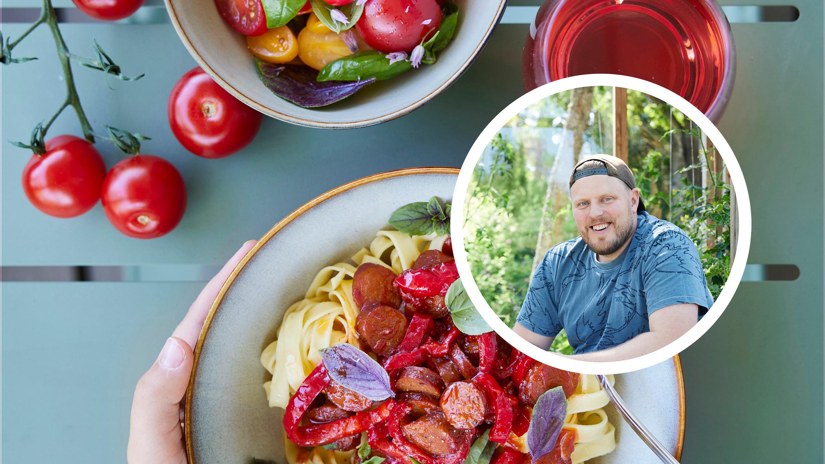 Punainen chorizopasta on Satokausikalenterin Samuli Karjulan arkibravuuri – "Makea suippopaprika on suosikkini"