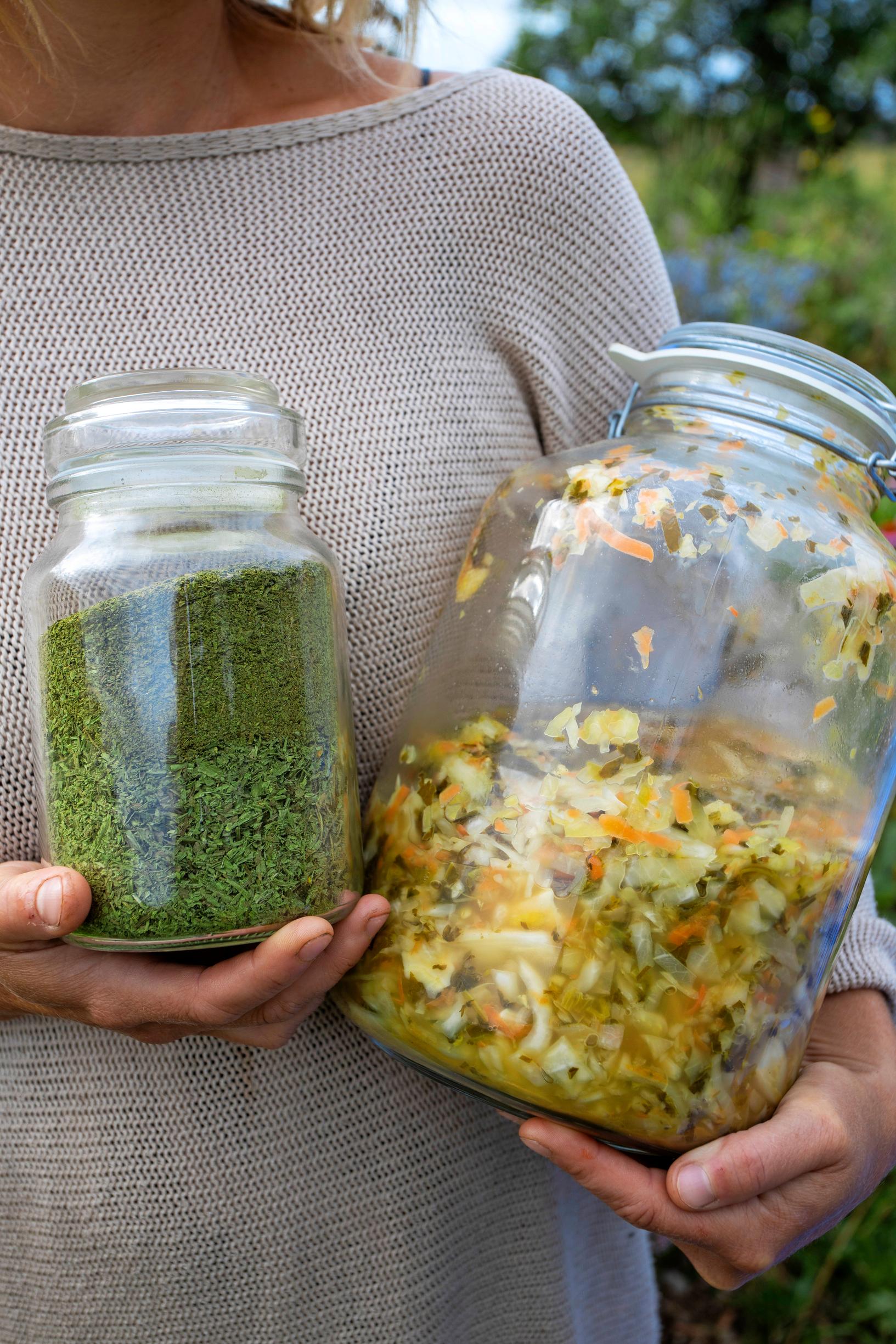 Kuivattua vihrejauhetta ja hapatetta lasipurkeissa