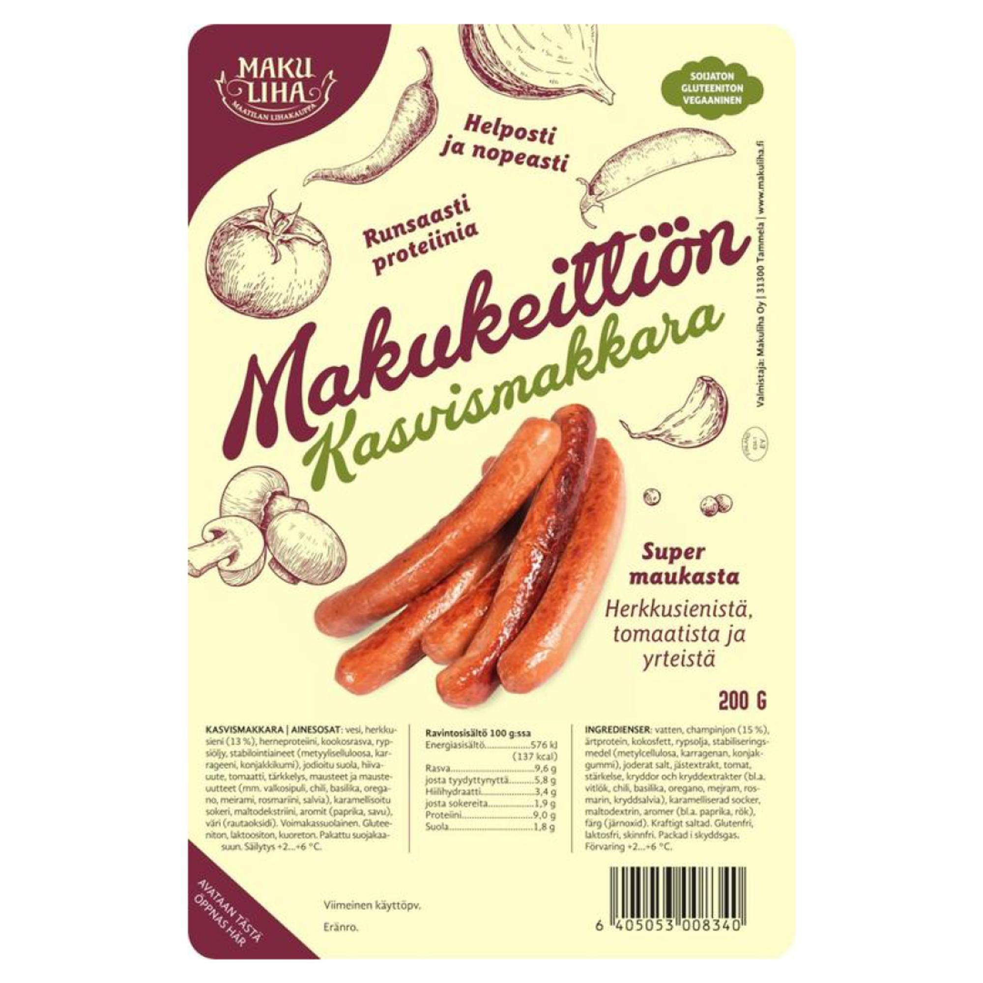 Makuliha Makukeittiö kasvismakkara, 3,49 € / 200 g