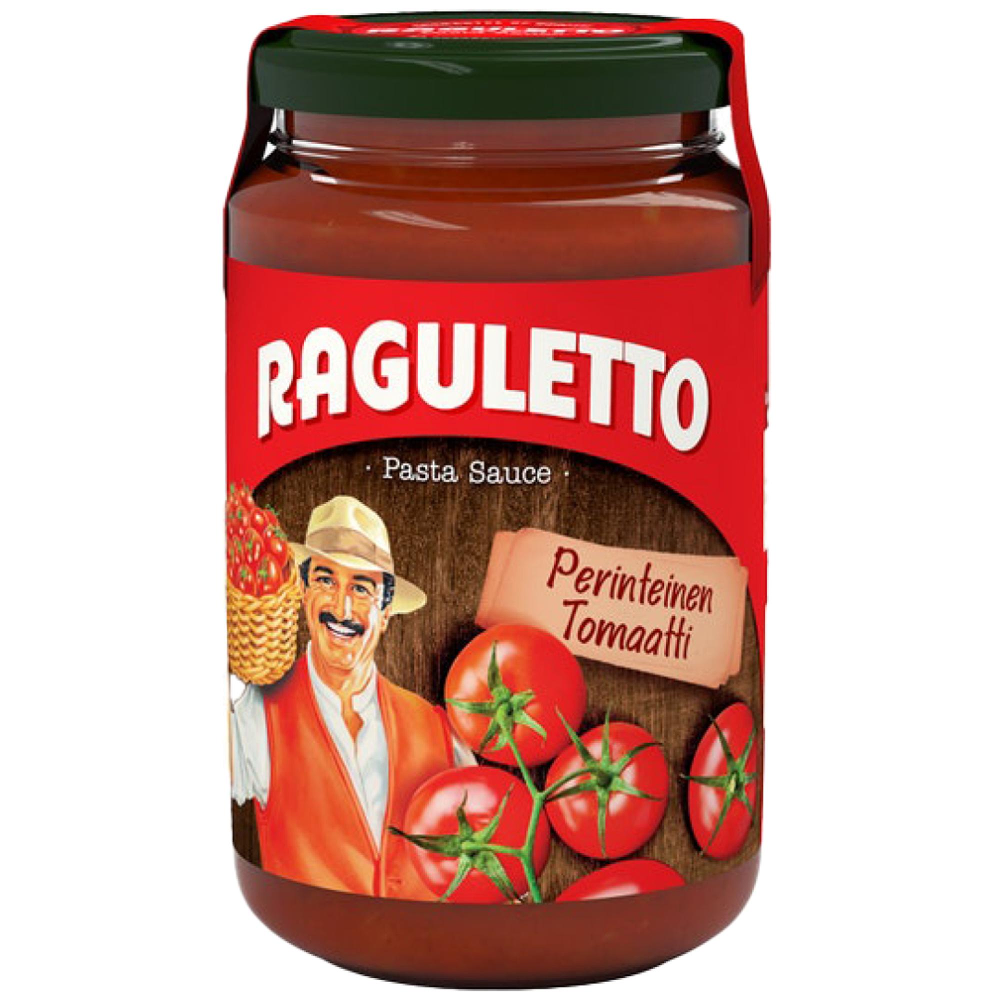Raguletto perinteinen tomaatti 400 ml, 7,48 €/kg, sokereita 7,8 g/100 g, suolaa 0,8 g/100 g.