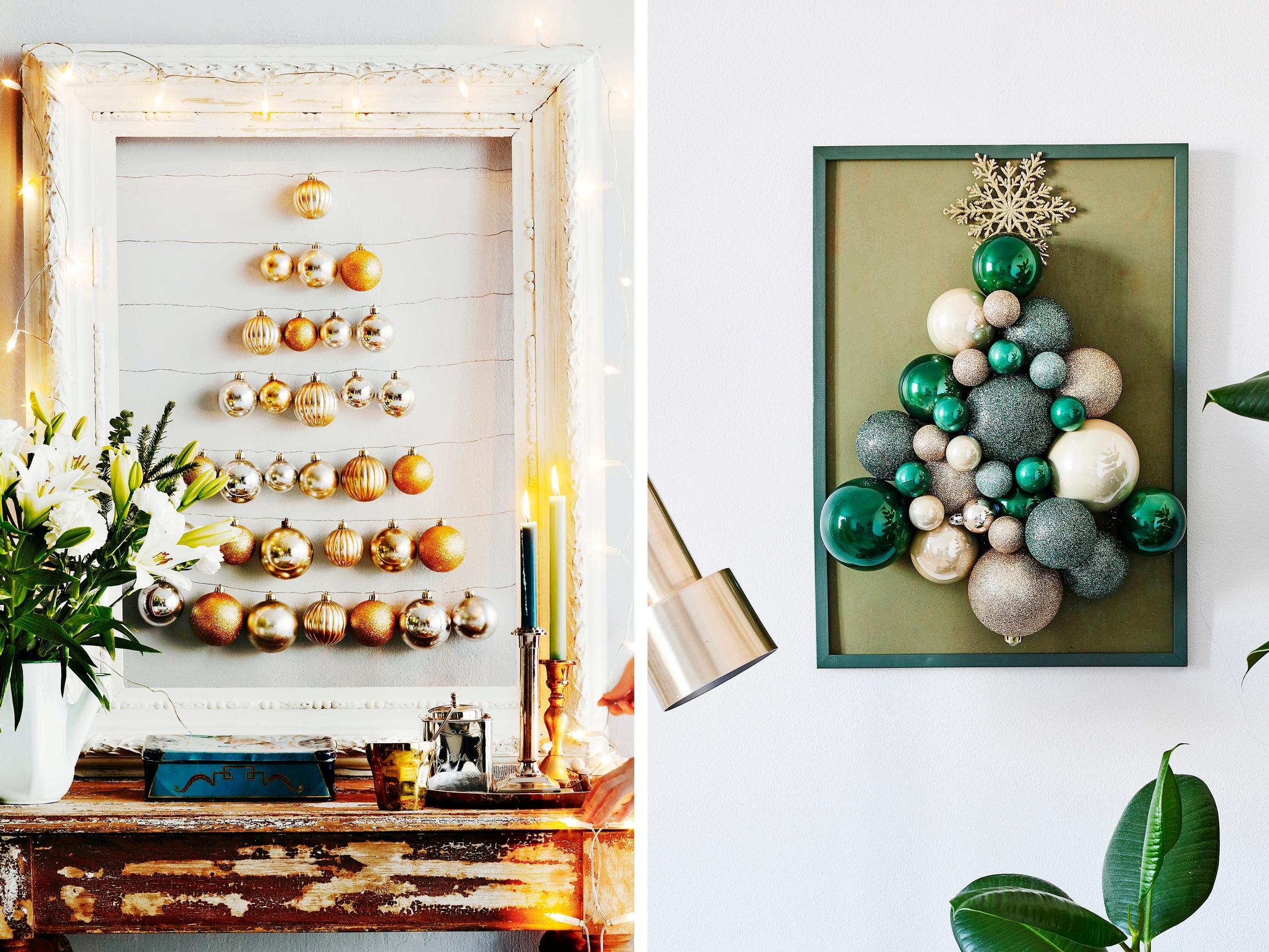 Minikuusi kehyksissä! Kokoa joulupallot kuusen muotoon ja nosta tauluksi seinälle