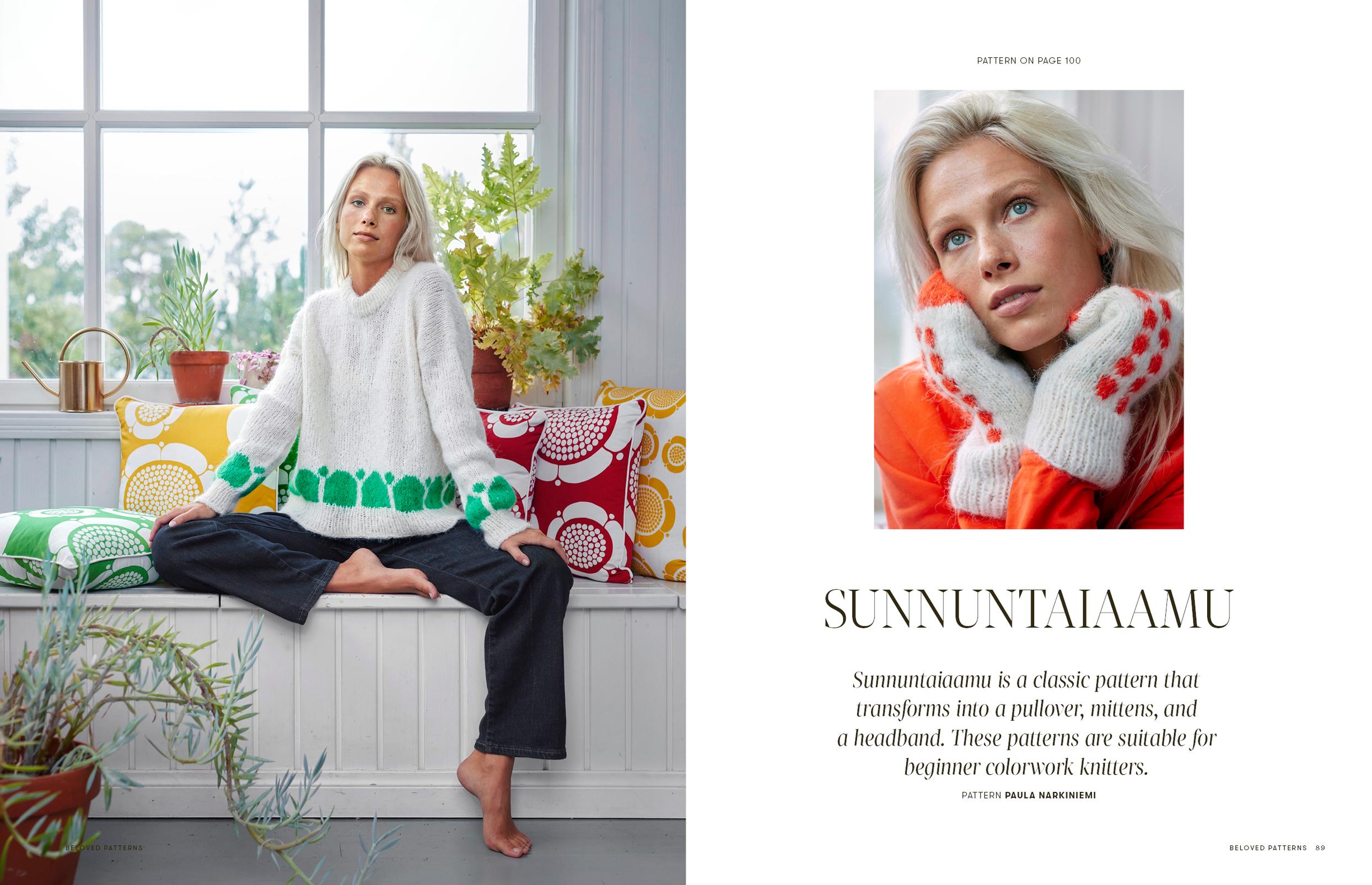 Sunnuntaiaamu sweater, headband & mittens, design by Paula Narkiniemi