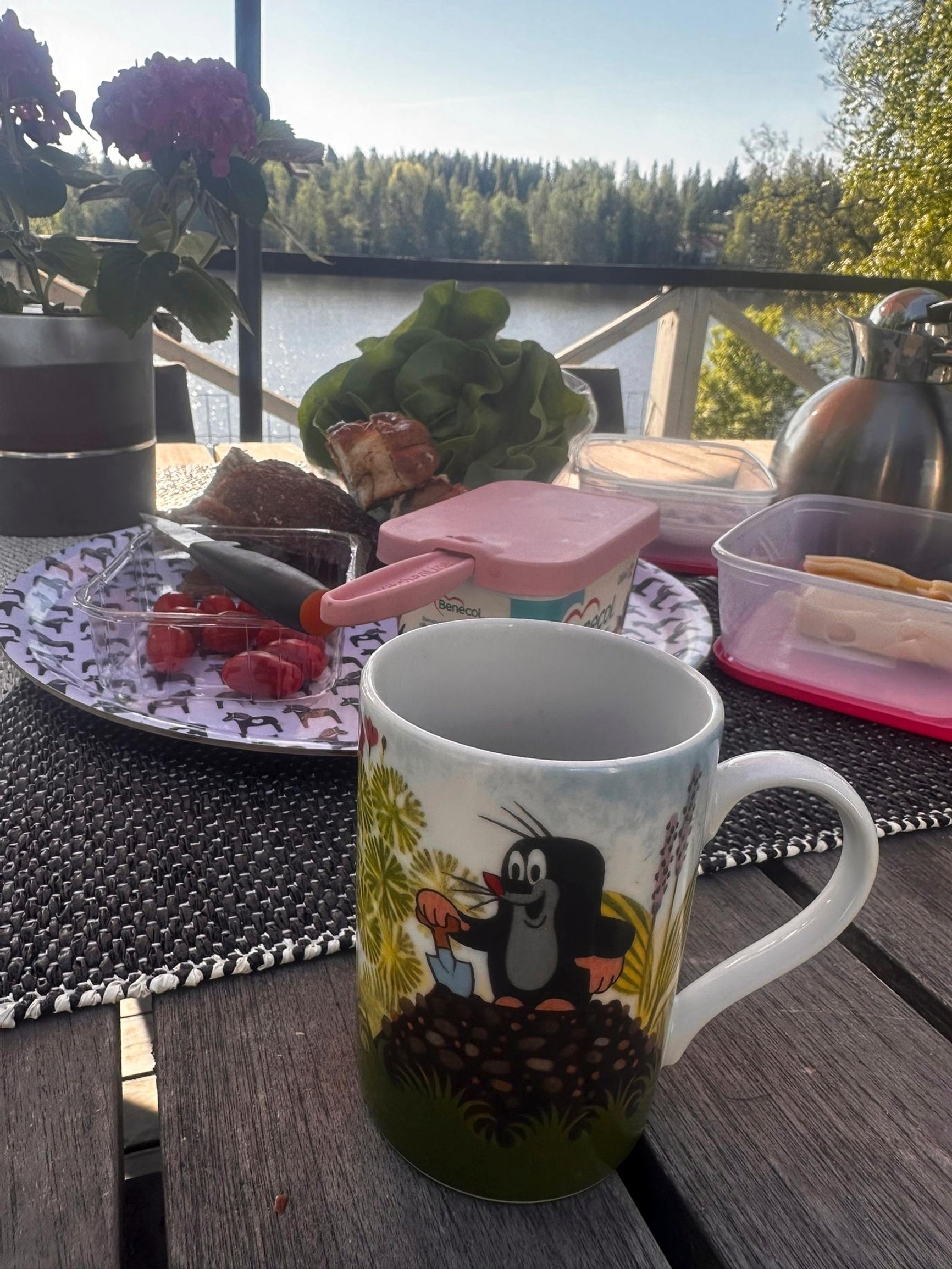 Supernanny Pia Penttalan mökin terassin pöydällä Myyrä-muki ja ruokia