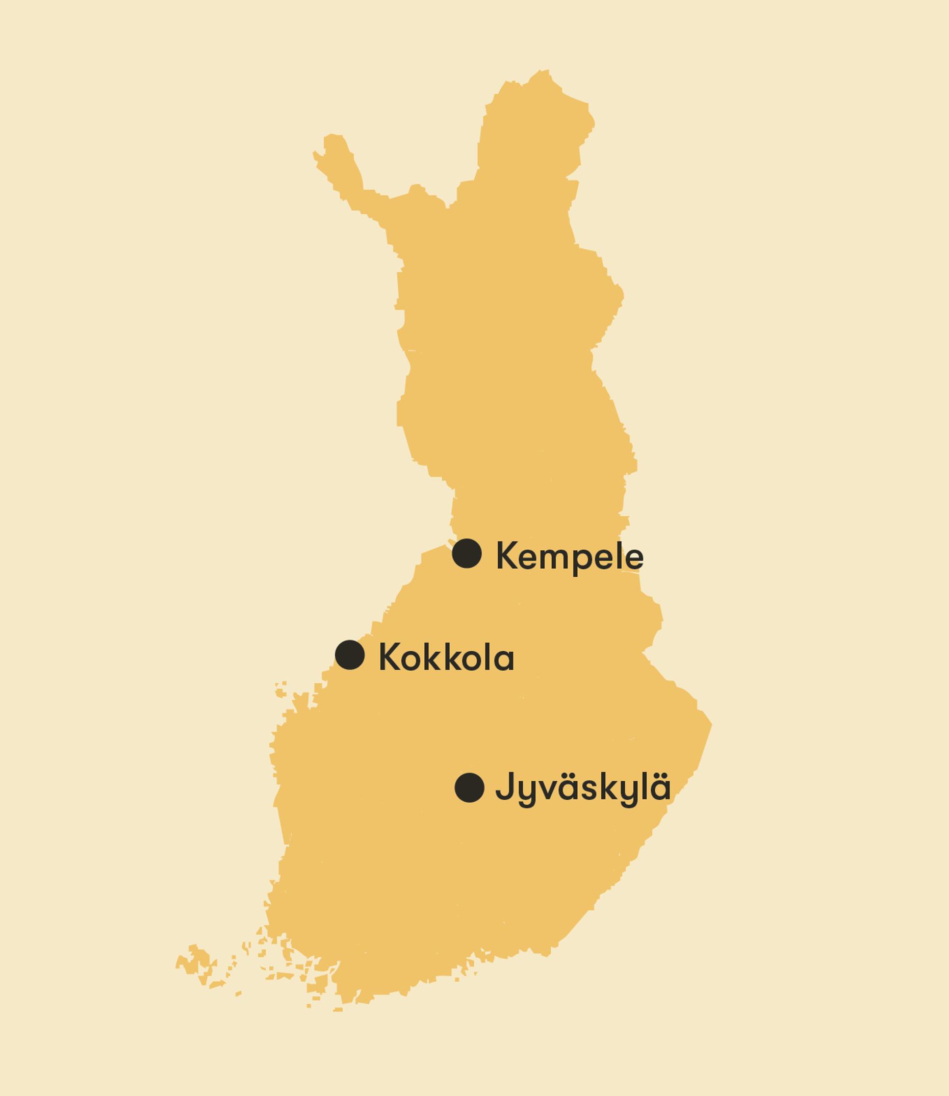 Suomen kartta, johon merkitty kolme kaupunkia: Jyväskylä, Kokkola ja Kempele