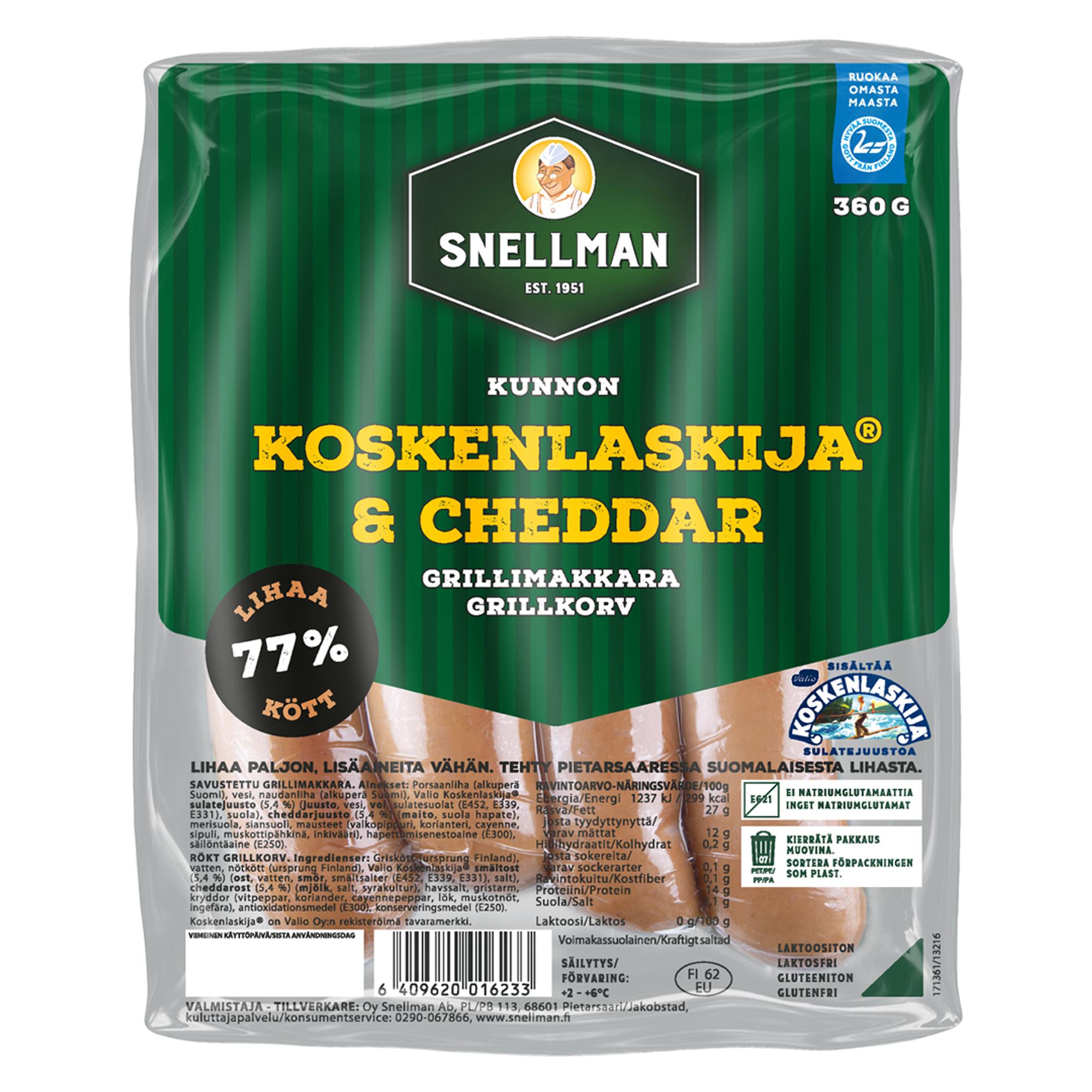 Snellman Kunnon Koskenlaskija & Cheddar grillimakkara, 3,89 € / 360 g.