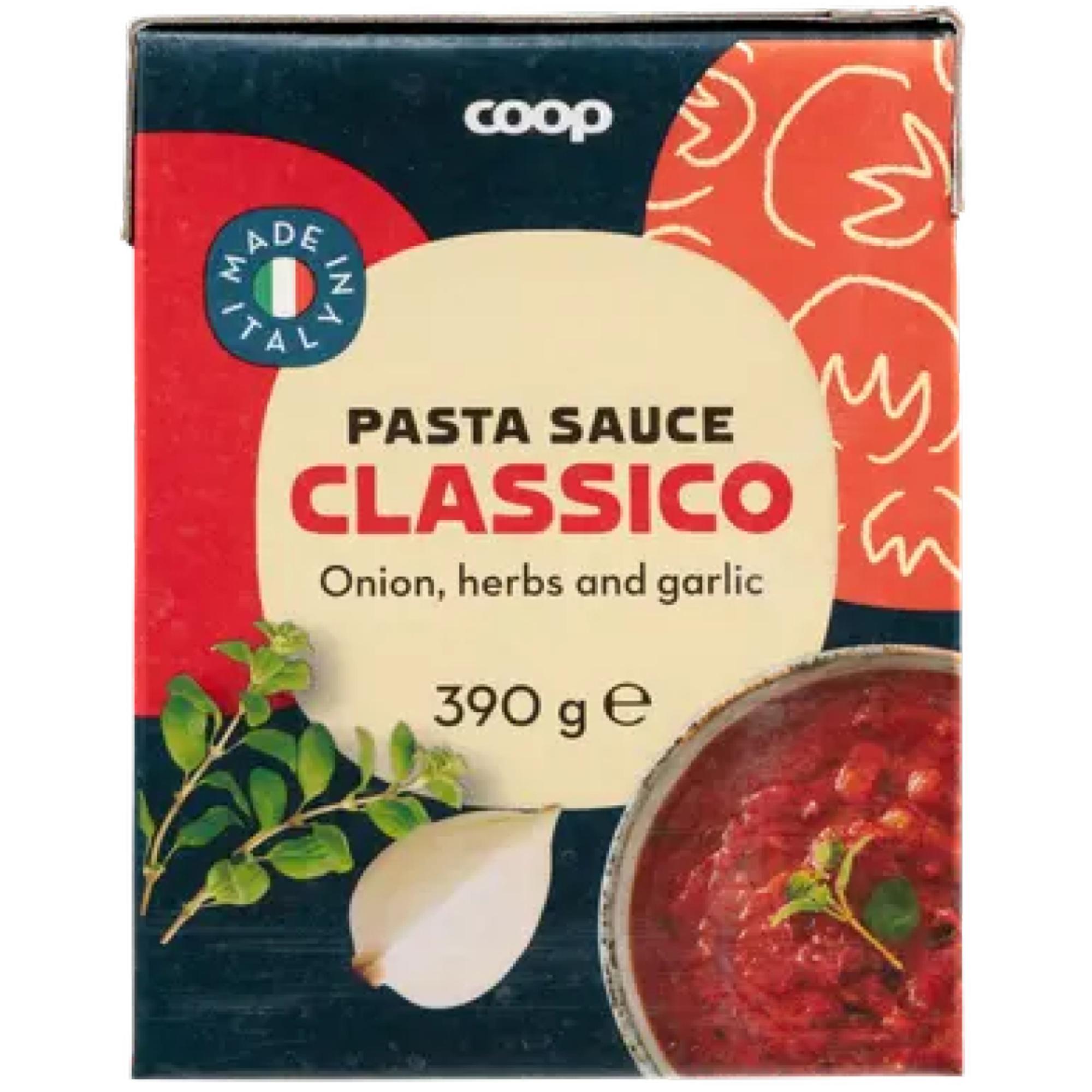 Coop pastakastike Classico, 3,82 €, sokereita 5,5 g/100 g, suolaa 0,6 g/100 g.