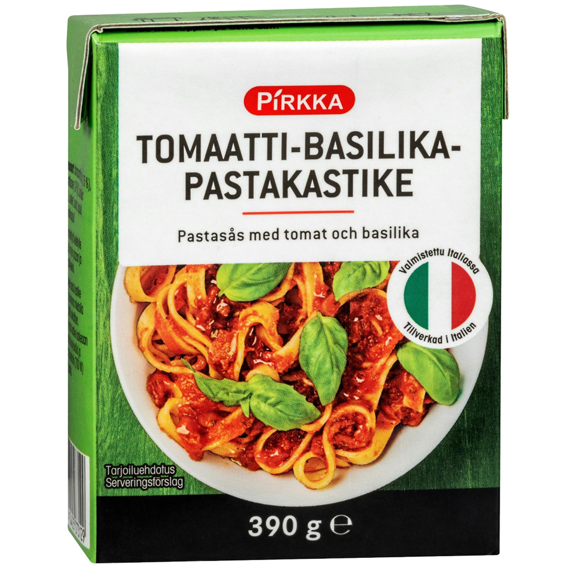 Pirkka tomaatti-basilika 390 g, 4,49 €/kg, sokereita 5,9 g/100 g, suolaa 1,5 g/100 g.