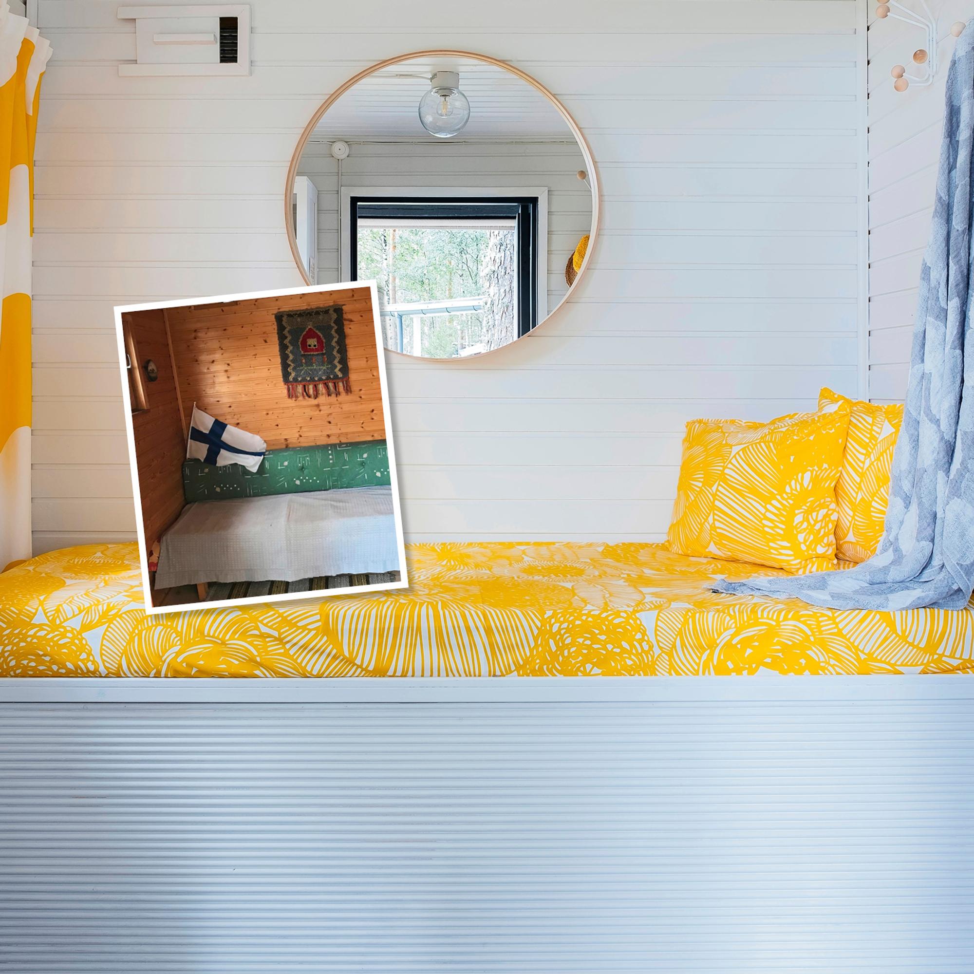 Mökkisaunan ankea pukuhuone raikastui viihtyisäksi oleskelutilaksi – jokainen yksityiskohta on lopputuloksen kannalta tärkeä