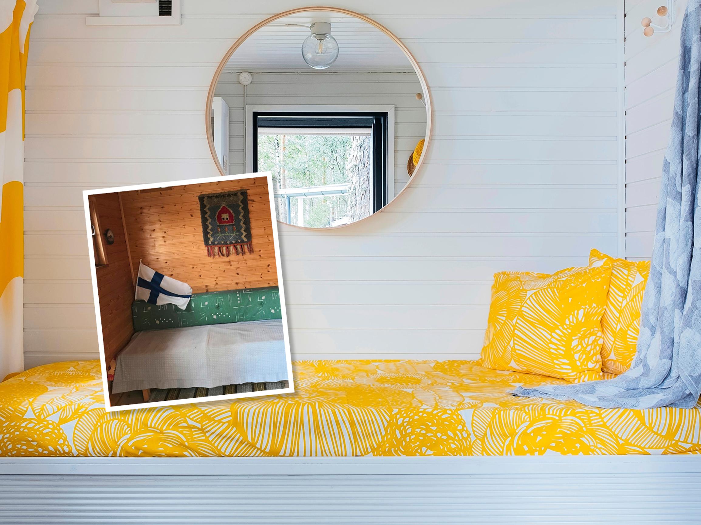 Mökkisaunan ankea pukuhuone raikastui viihtyisäksi oleskelutilaksi – jokainen yksityiskohta on lopputuloksen kannalta tärkeä