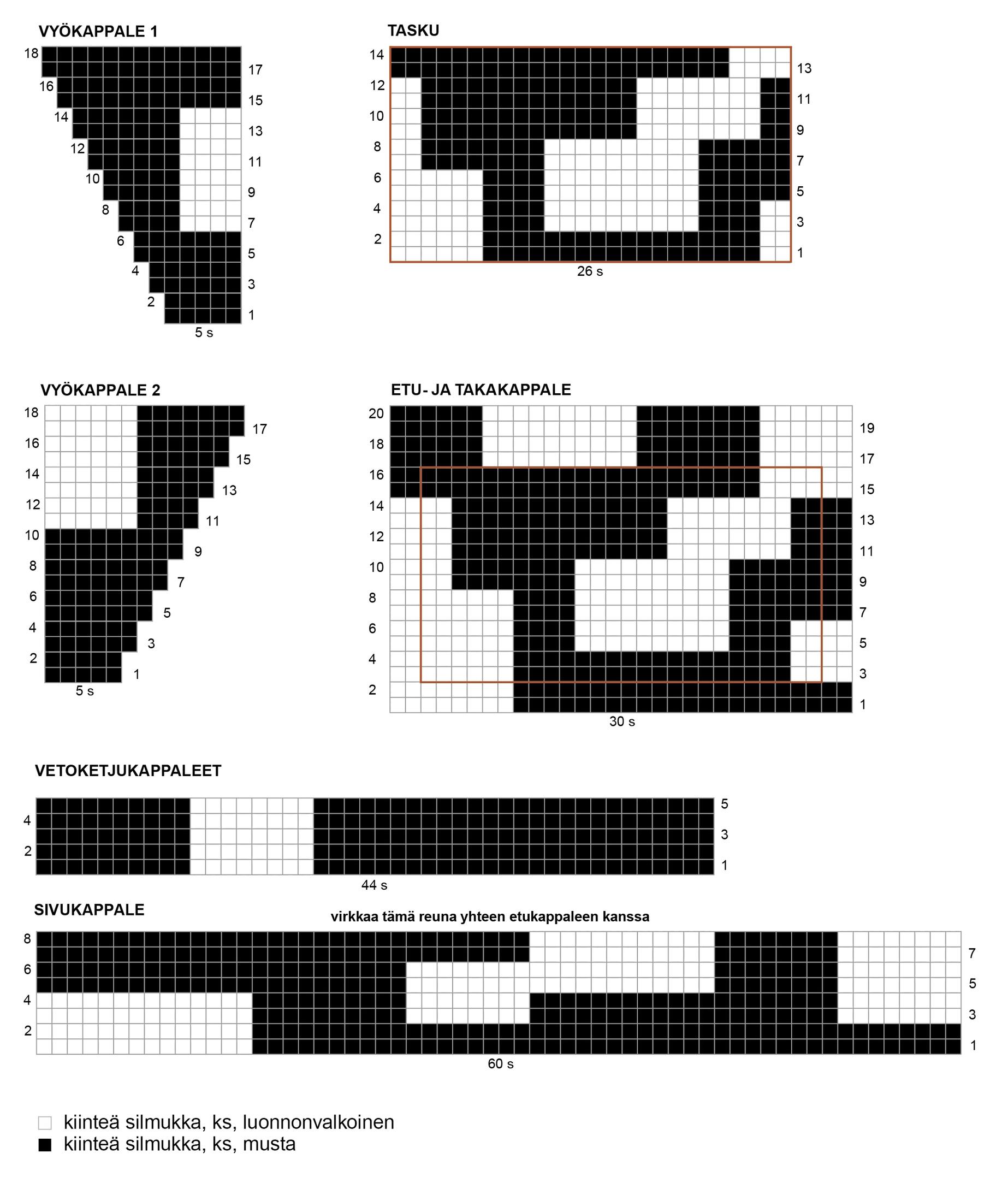 Kaaviot vyölaukun kappaleiden virkkausta varten.
