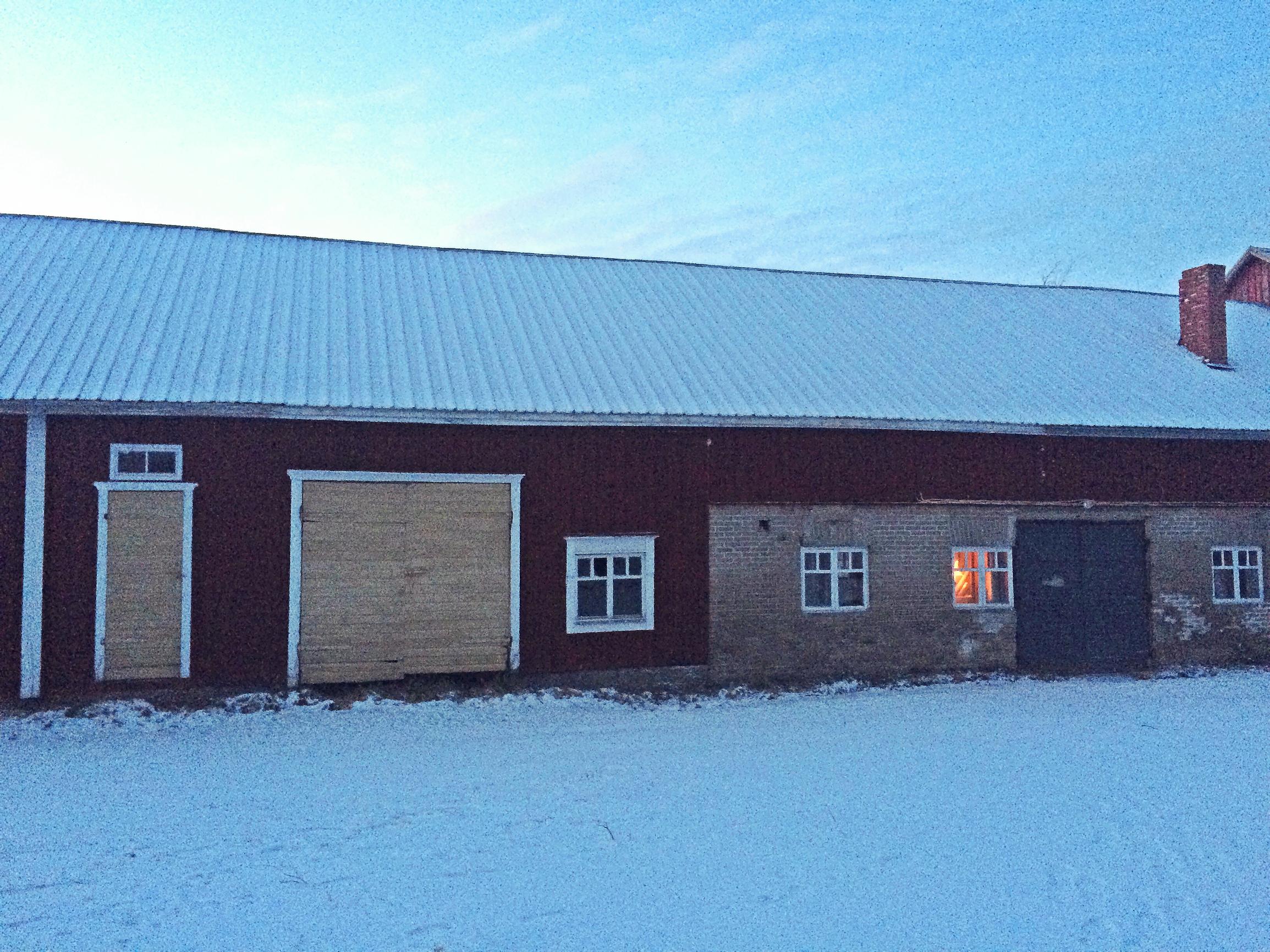 Vanha navetta ja siinä kiinni ollut punainen lato.