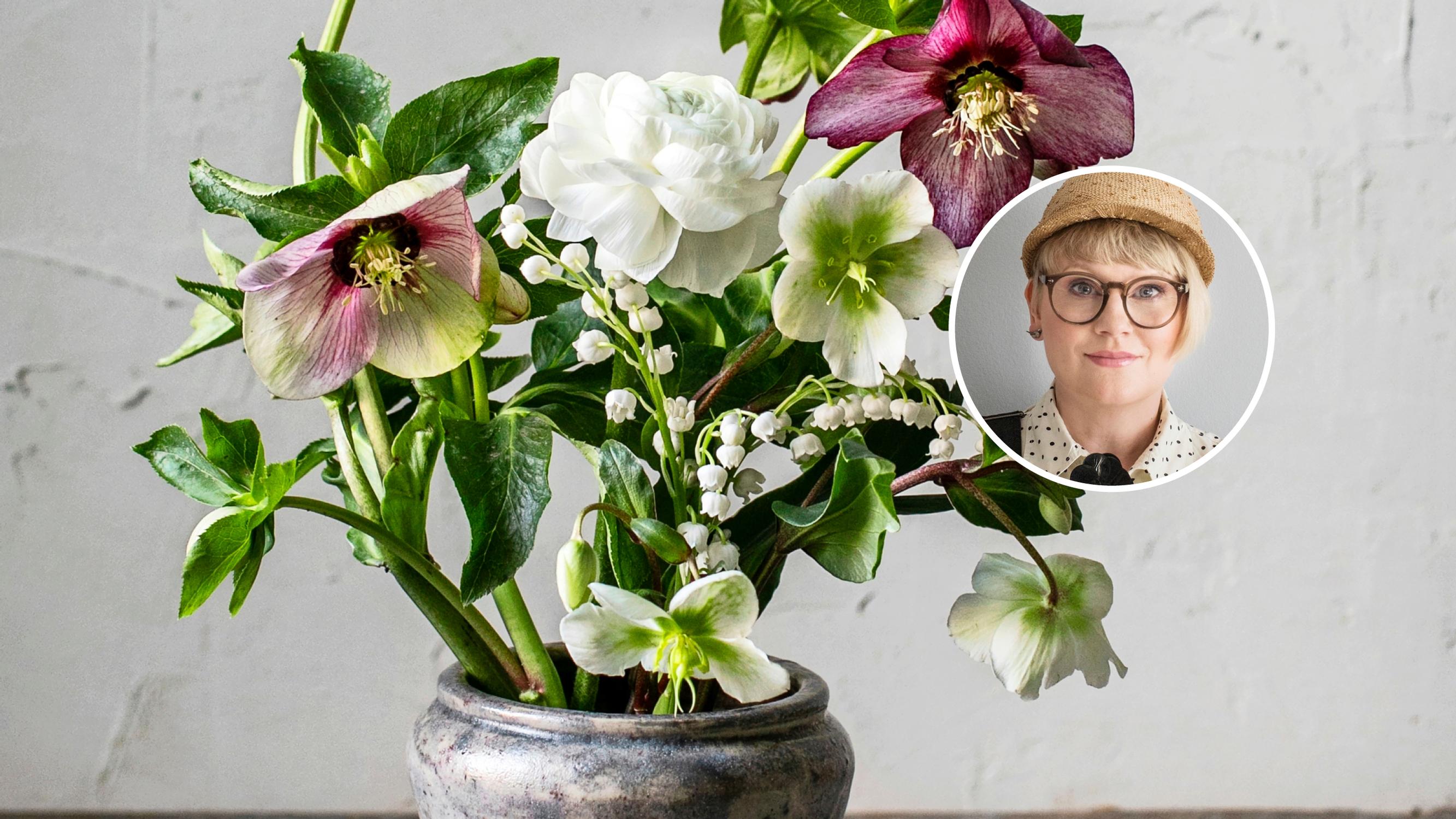 Juhlava asetelma vain muutamalla kukalla! Kukkataiteilija Kreetta Järvenpää näyttää mallia jouluruusuilla
