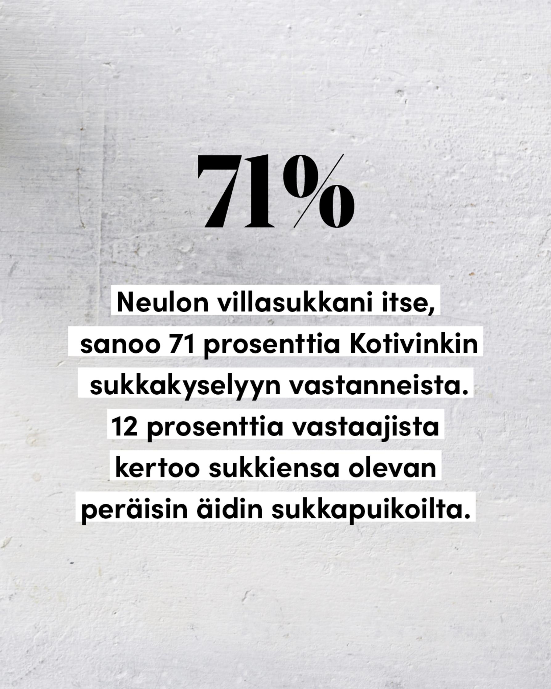 Neulon villasukkani itse, sanoo 71 prosenttia Kotivinkin sukkakyselyyn vastanneista. 12 prosenttia vastaajista kertoo sukkiensa olevan peräisin äidin sukkapuikoilta.