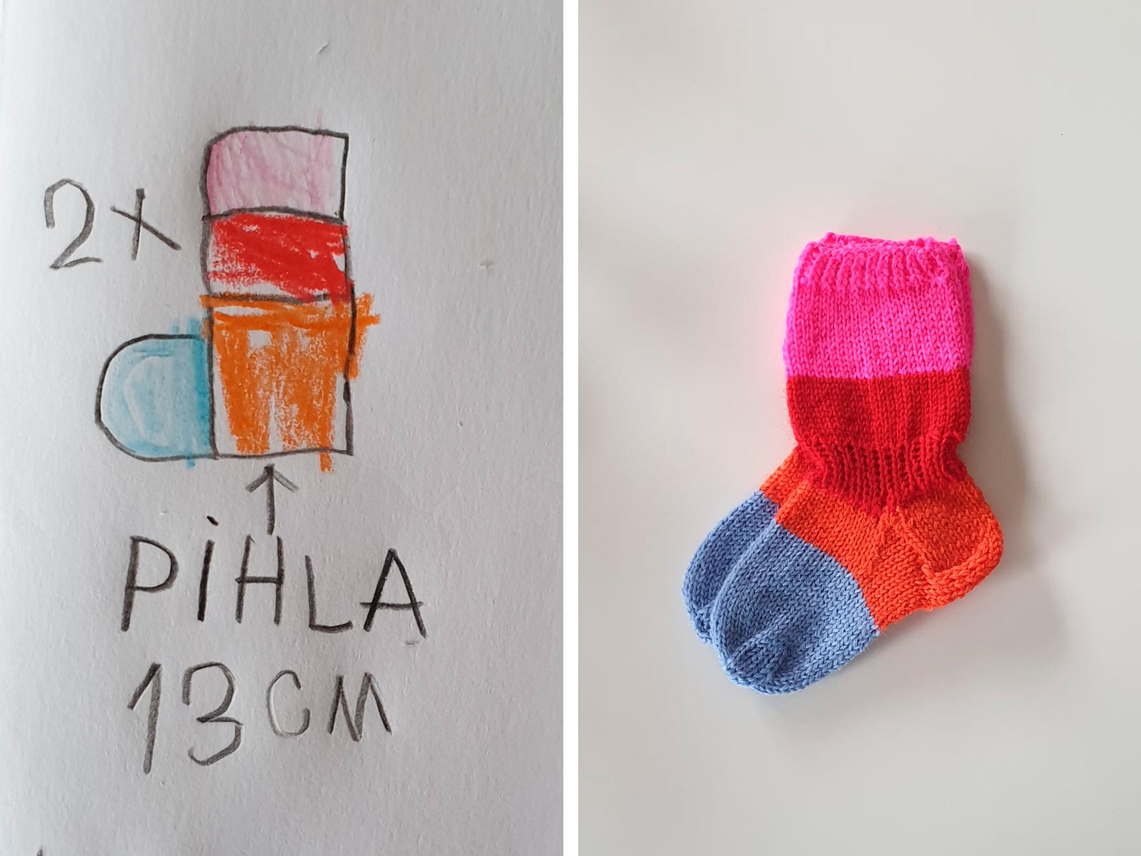 Väinön piirtämät toivesukat pikkusisko Pihlalle ja Eijan toteuttama lopputulos