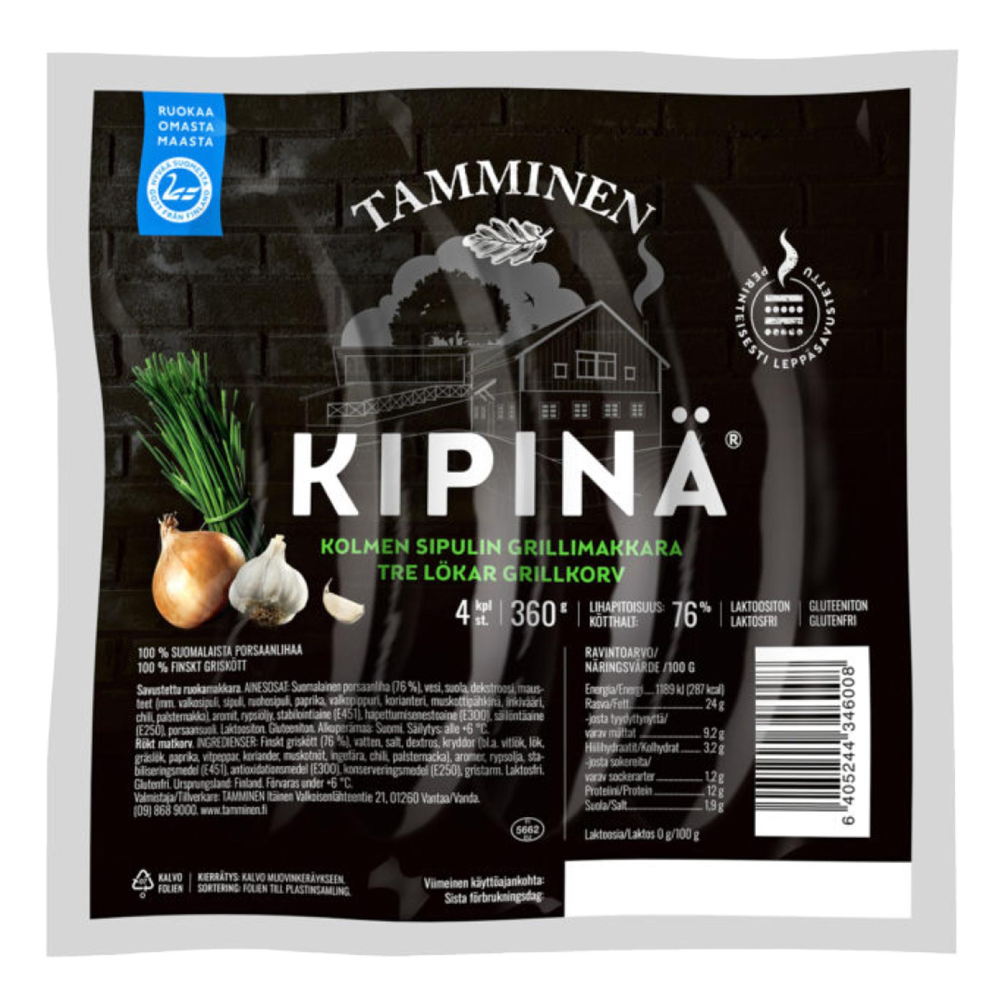 Tamminen Kipinä kolmen sipulin grillimakkara, 3,89 € / 360 g.