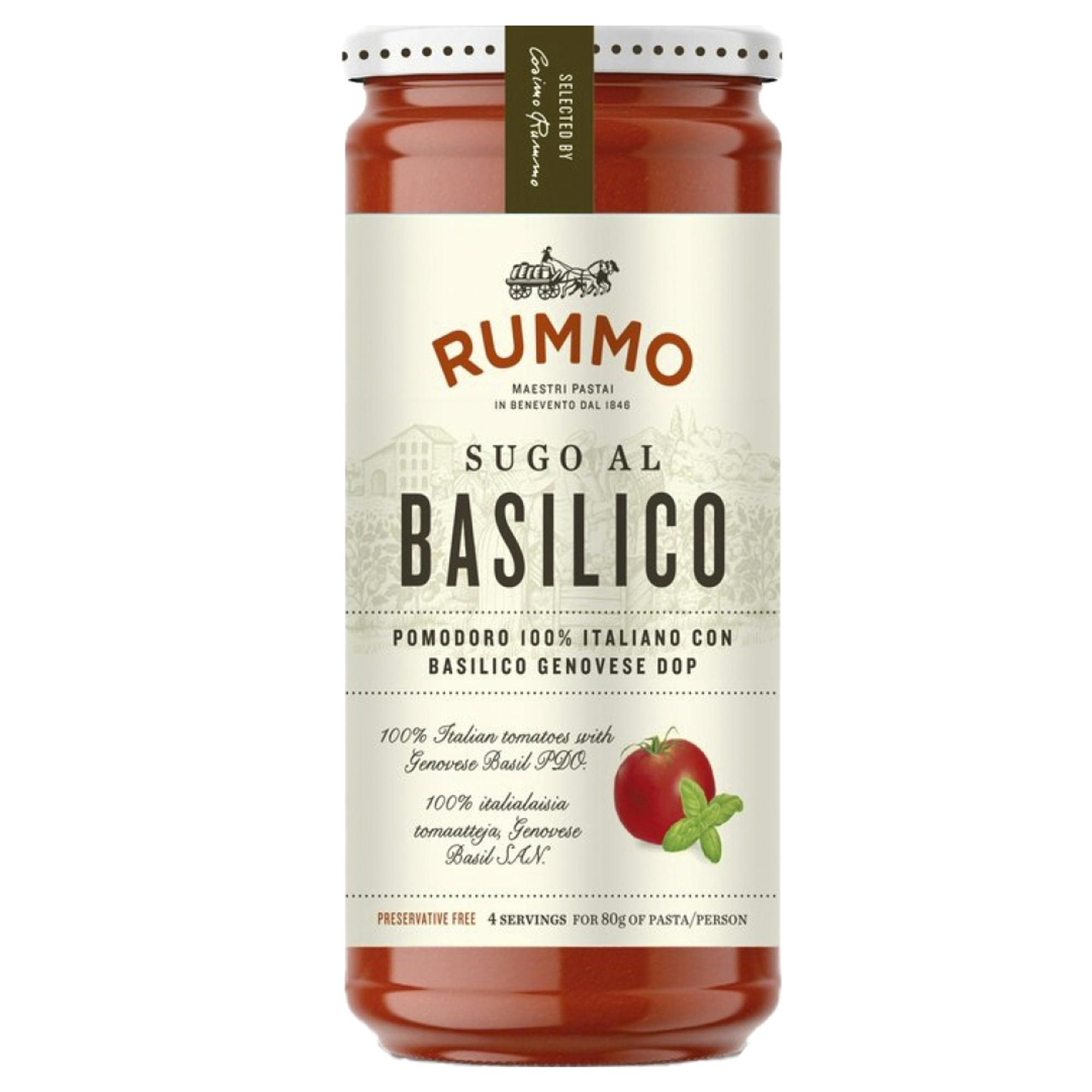 Rummo pastakastike Sugo al basilico 340 g, 9,68 €/kg, sokereita 5 g/100 g, suolaa 1 g/100 g.