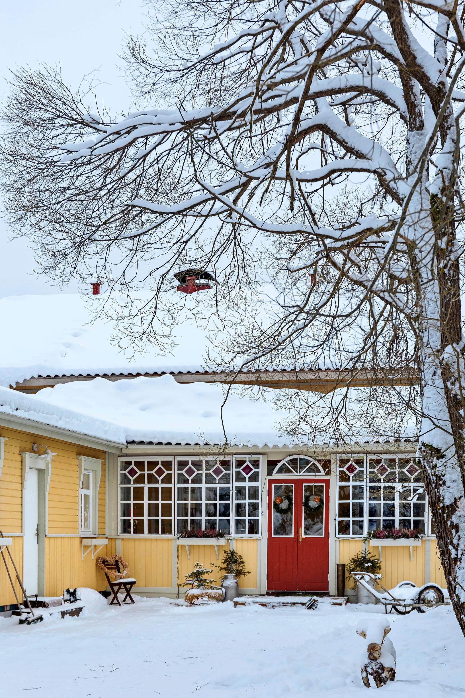 Keltainen puutalo talvimaisemassa