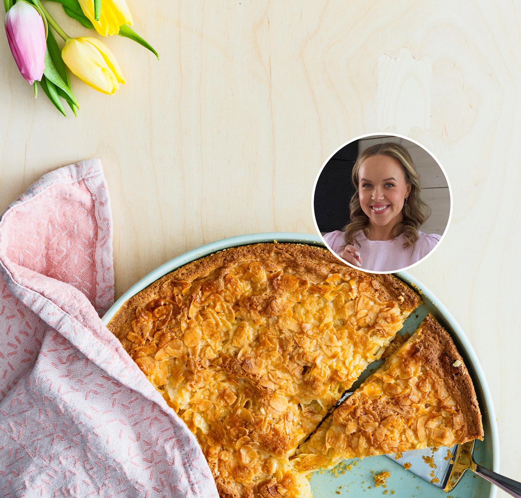 Sara Parikan naama pallokuvassa, alla kuva toscapiirakasta.