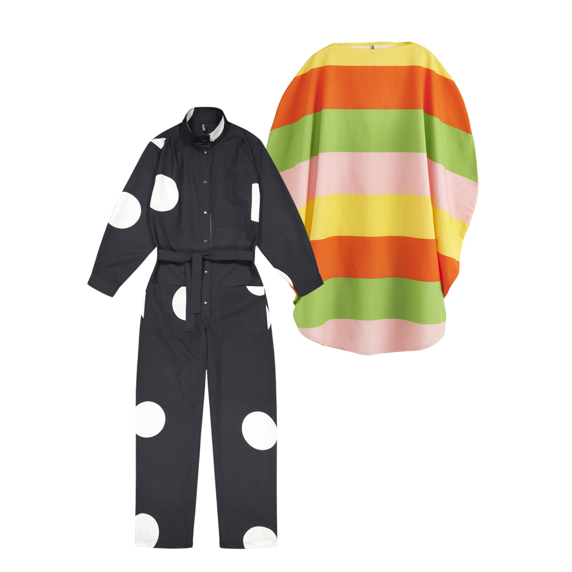 Vuokko Nurmesniemen Loikka-haalarit ja Myllynkivi-mekko