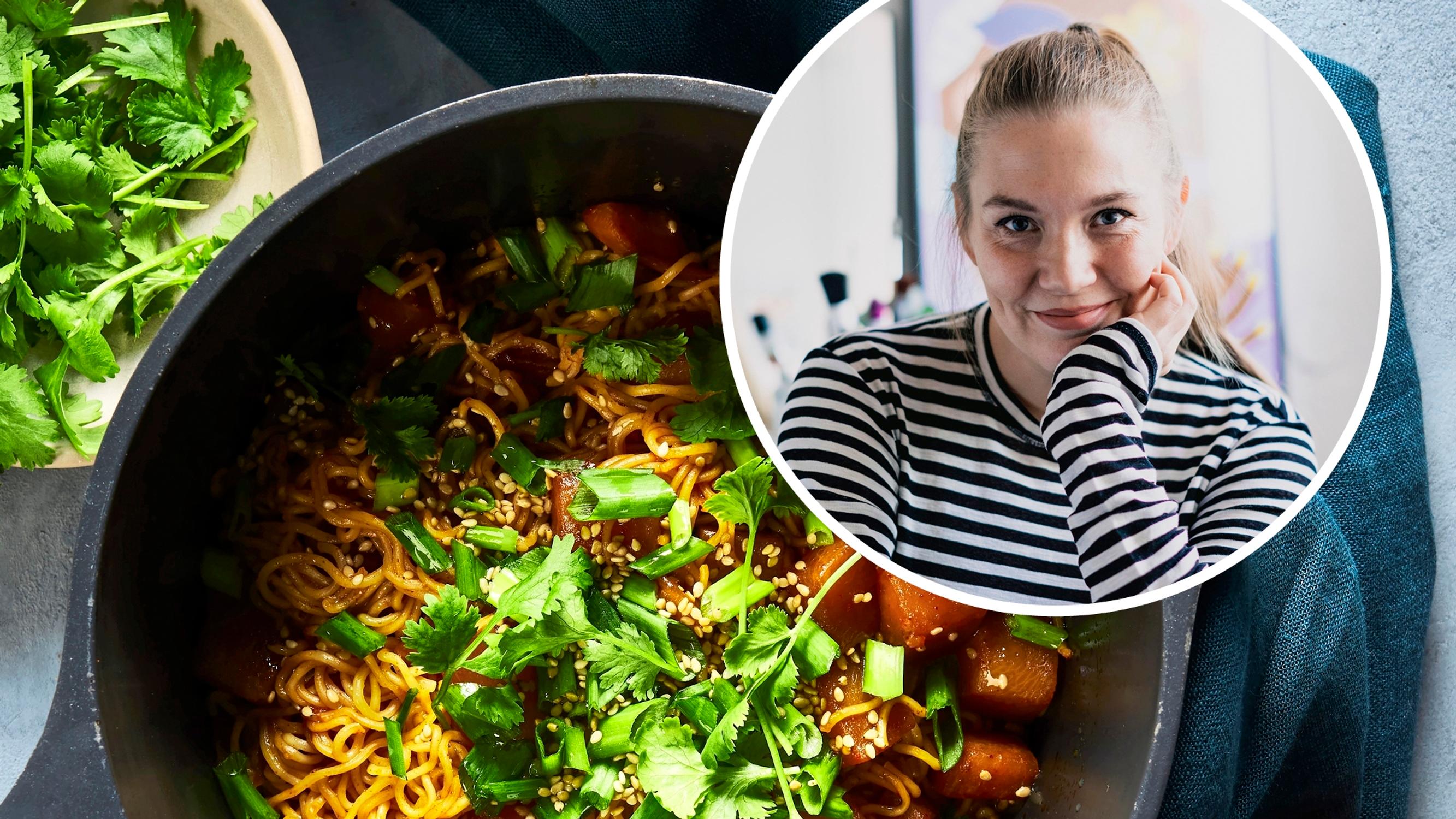 Kuvittaja Sanna Manderin bravuuri on nuudeleilla höystetty lanttupata, joka saa korealaisen vivahteen gochujang-tahnasta