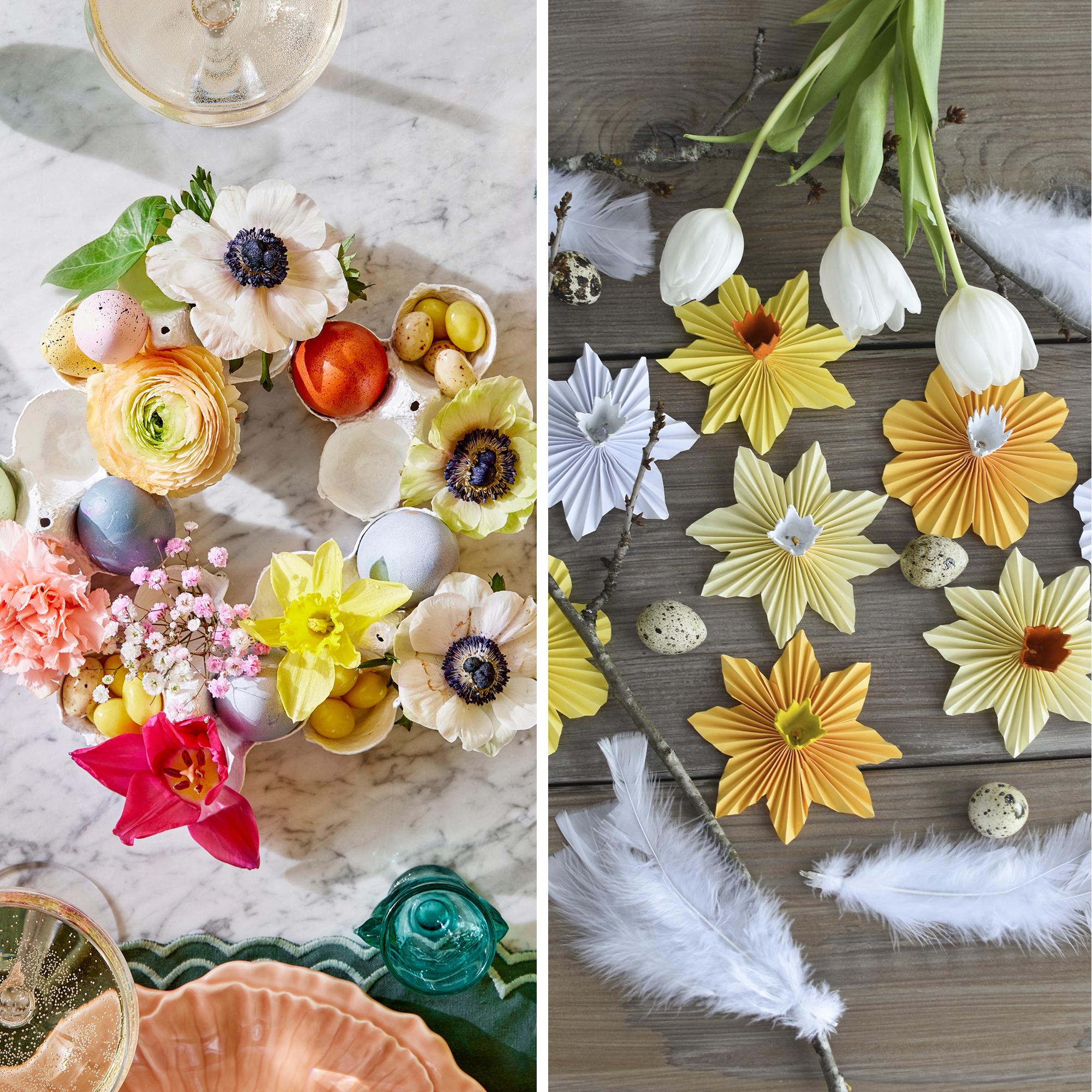 Pääsiäisaskartelua munakennoista × 3 – tee narsissit, kranssi ja kukkiva pöytäkoriste