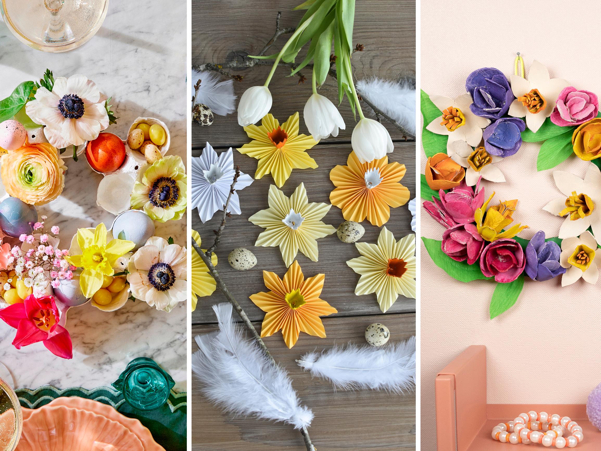 Pääsiäisaskartelua munakennoista × 3 – tee narsissit, kranssi ja kukkiva pöytäkoriste